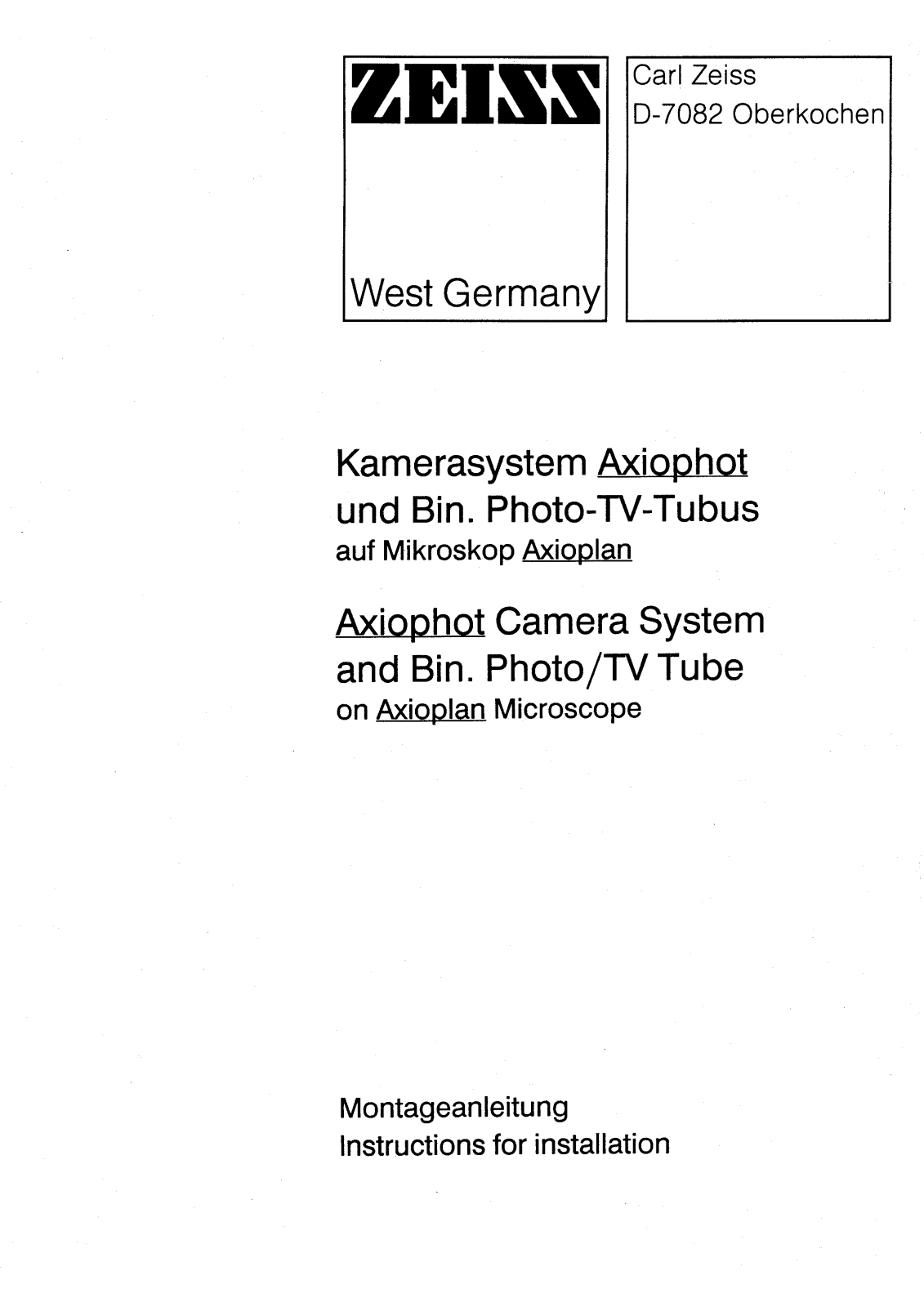 Zeiss AXIOPHOT INSTALLATION guide