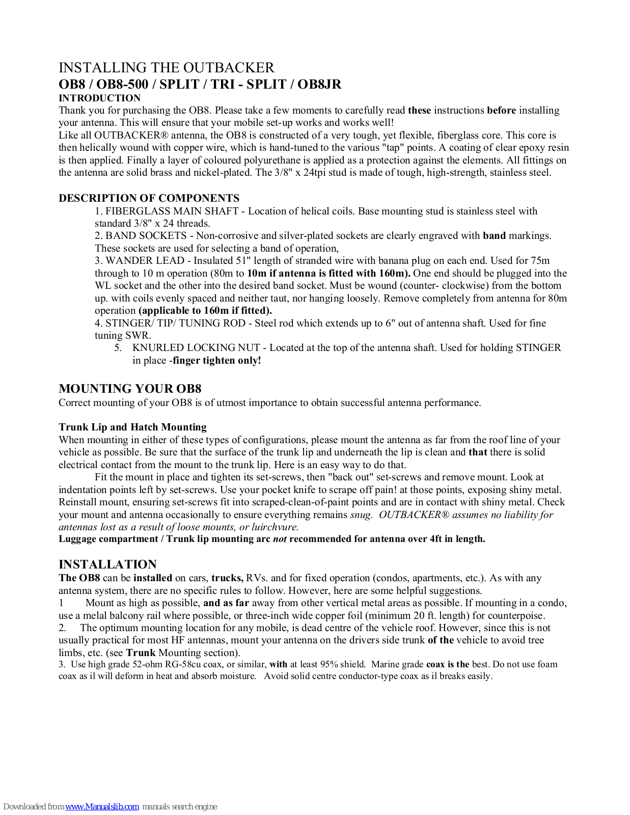 Outbacker OB8, OB8-500, SPLIT, TRI-SPLIT, OB8JR Installation Instructions Manual - ManualMachine.com