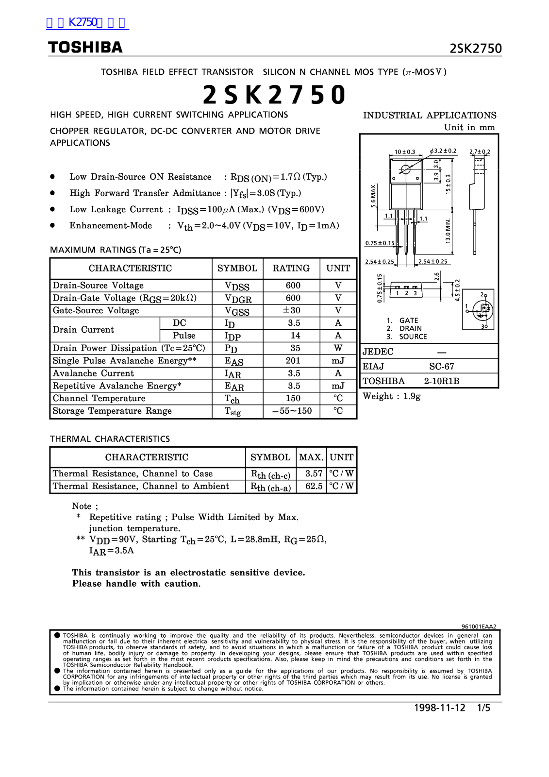 TOSHIBA 2SK2750 Technical data - ManualMachine.com
