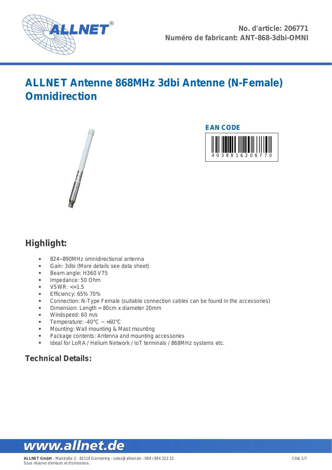 ALLNET ALLNET ANT-868-3 Datasheet - ManualMachine.com