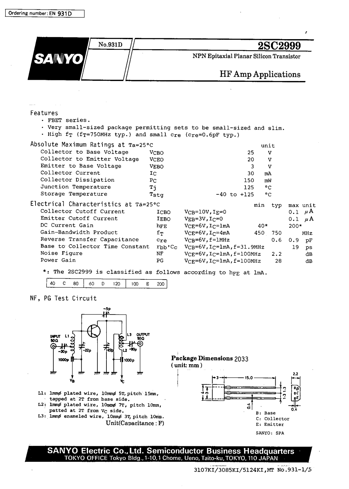 SANYO 2SC2999 Datasheet