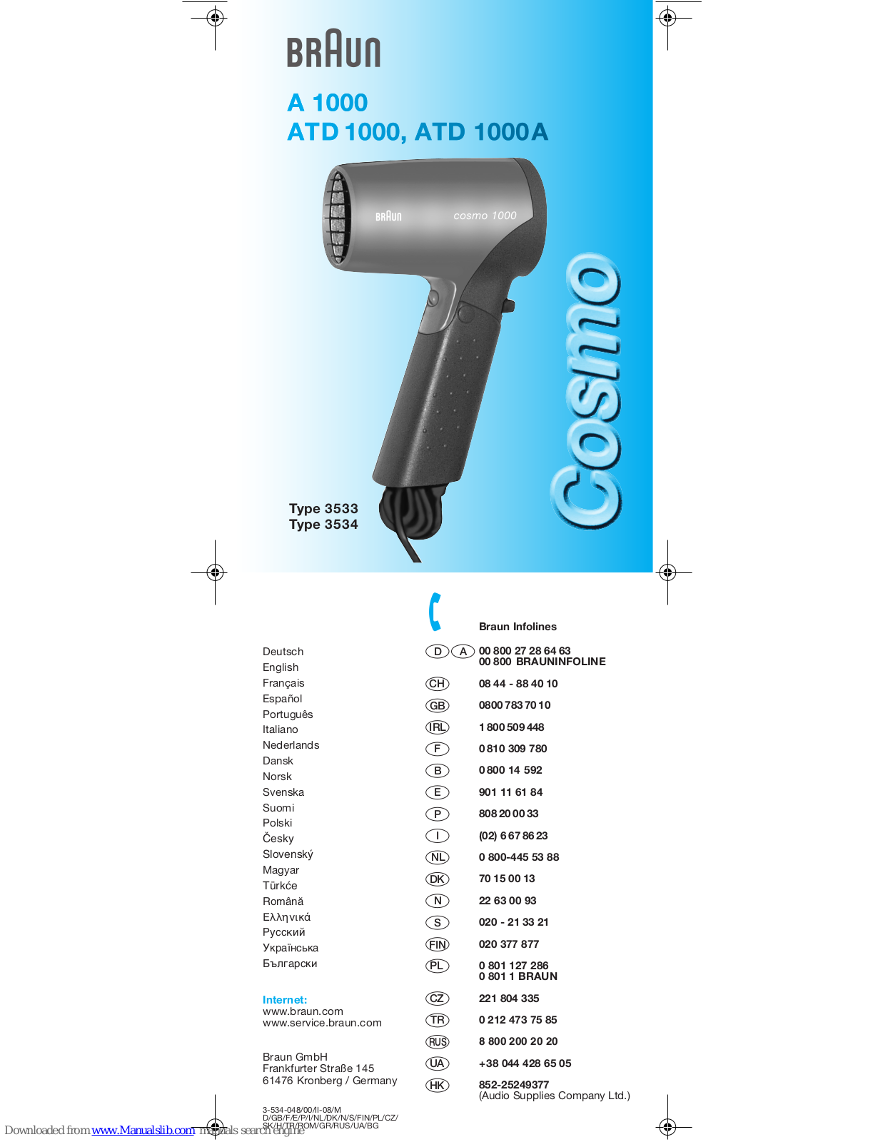 Braun Cosmo A 1000, Cosmo ATD 1000, Cosmo ATD 1000A, 3533, 3534 User Manual