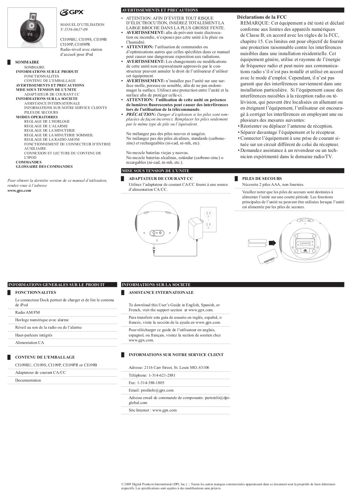 GPX CI109BU, CI109S, CI109B, CI109P, CI109PR Owner's Manual