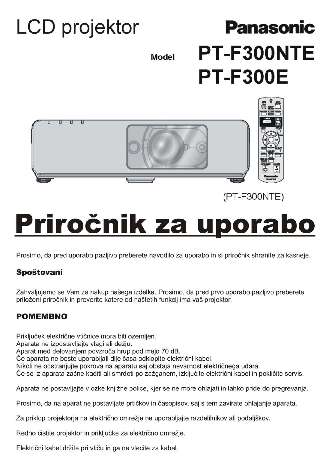 Panasonic PT-F300NTE, PT-F300E User Manual