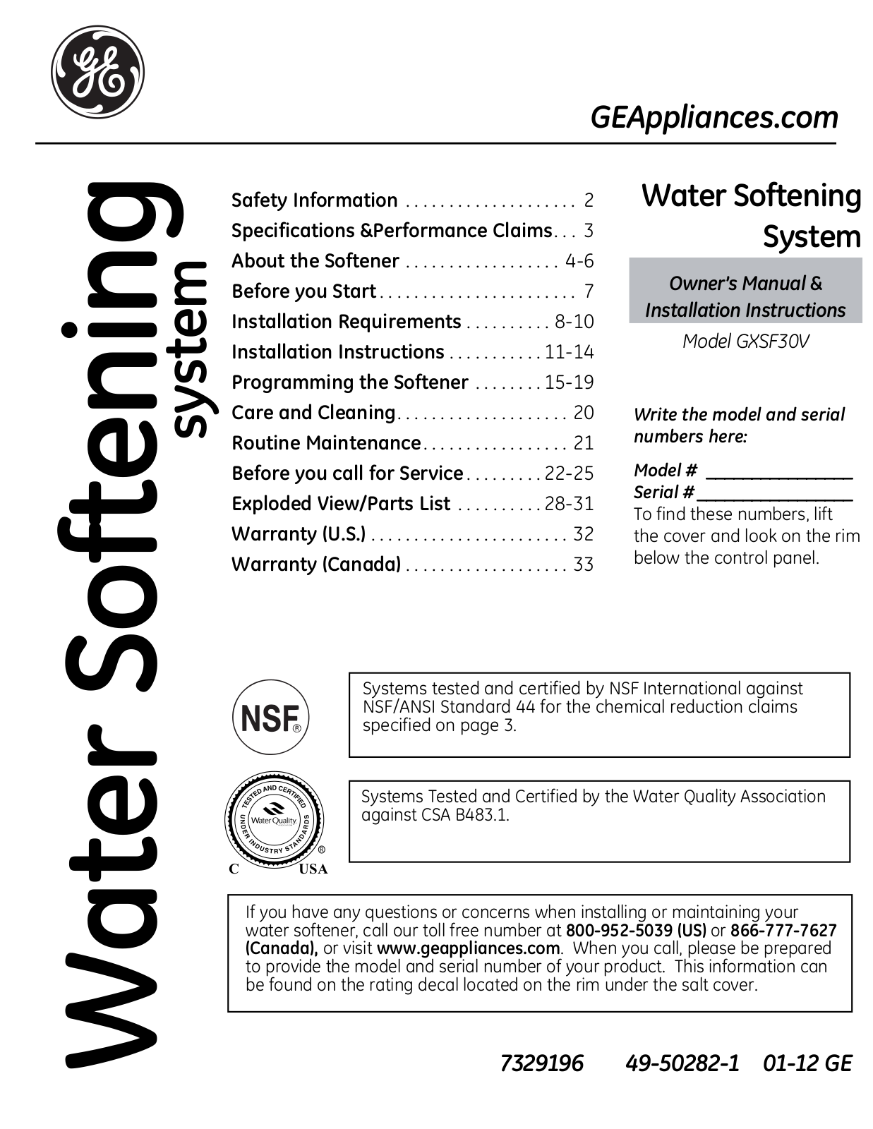 GE GXSF30V Installation Manual