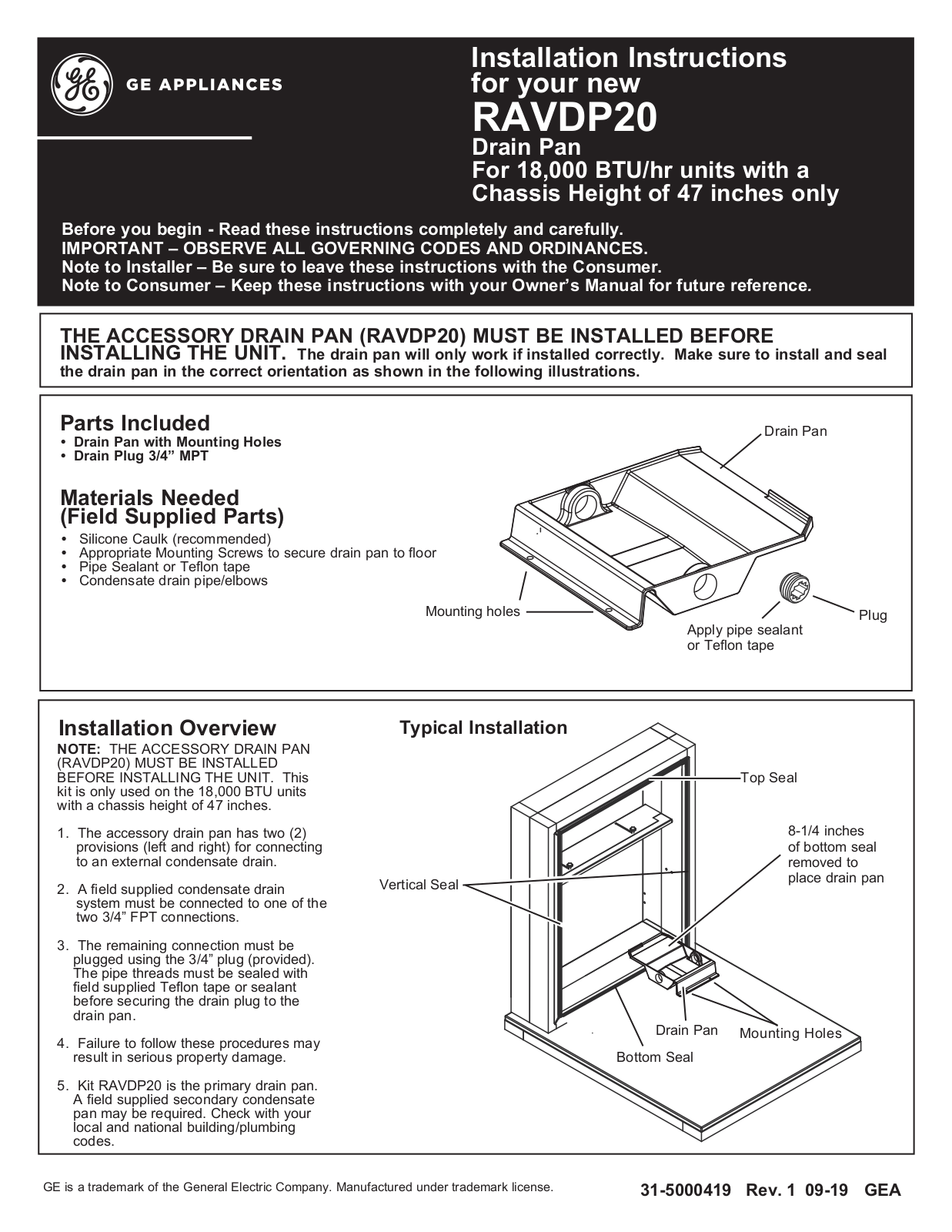 GE RAVDP20 Installation Instructions