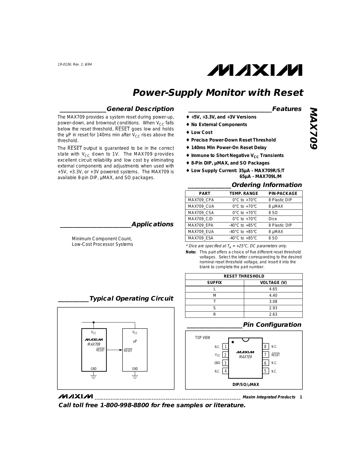 Maxim MAX709TCSA, MAX709SESA, MAX709SEUA, MAX709TC-D, MAX709SCPA Datasheet