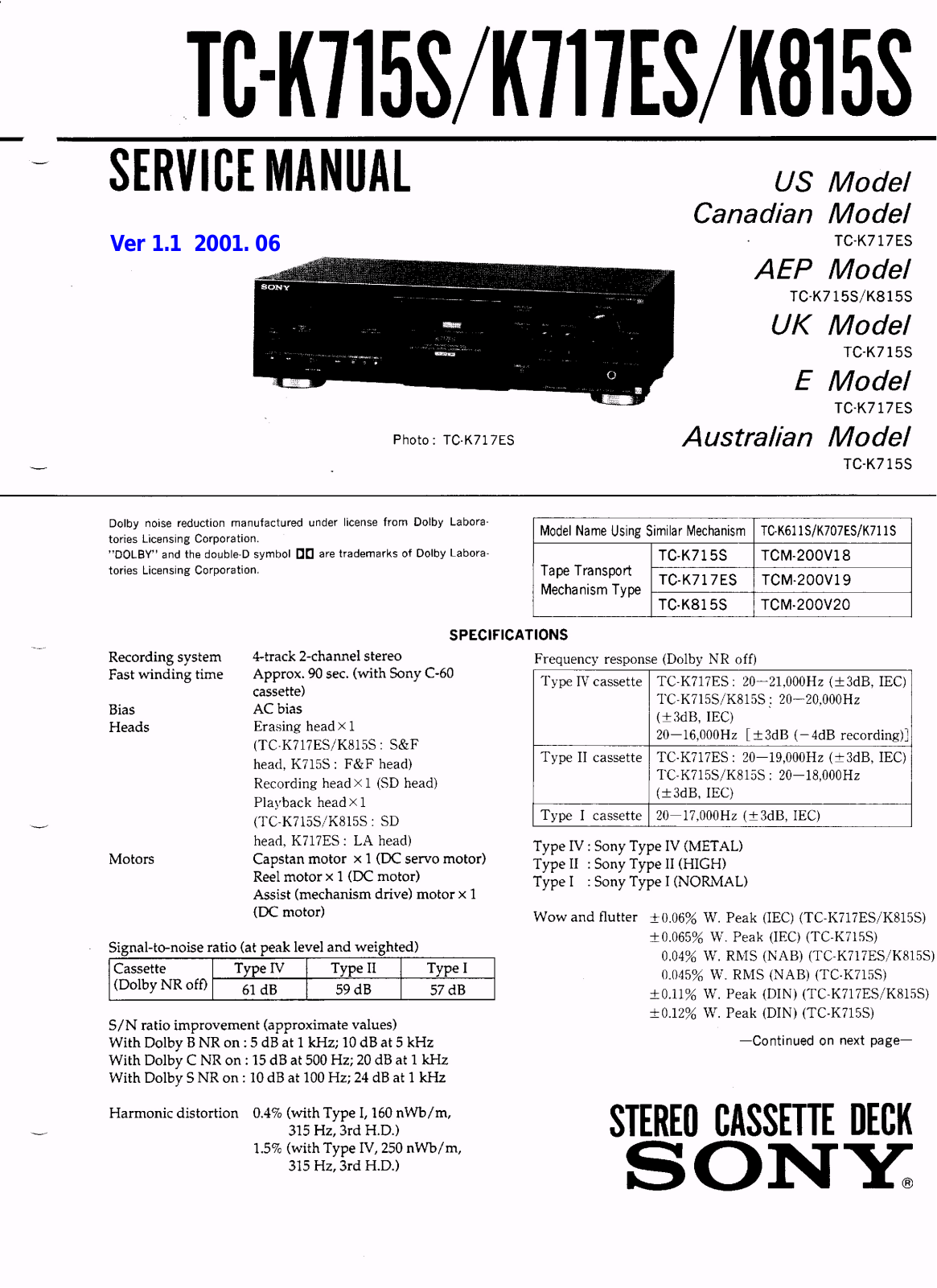 Sony TCK-715-S, TCK-717-ES, TCK-815-S Service manual