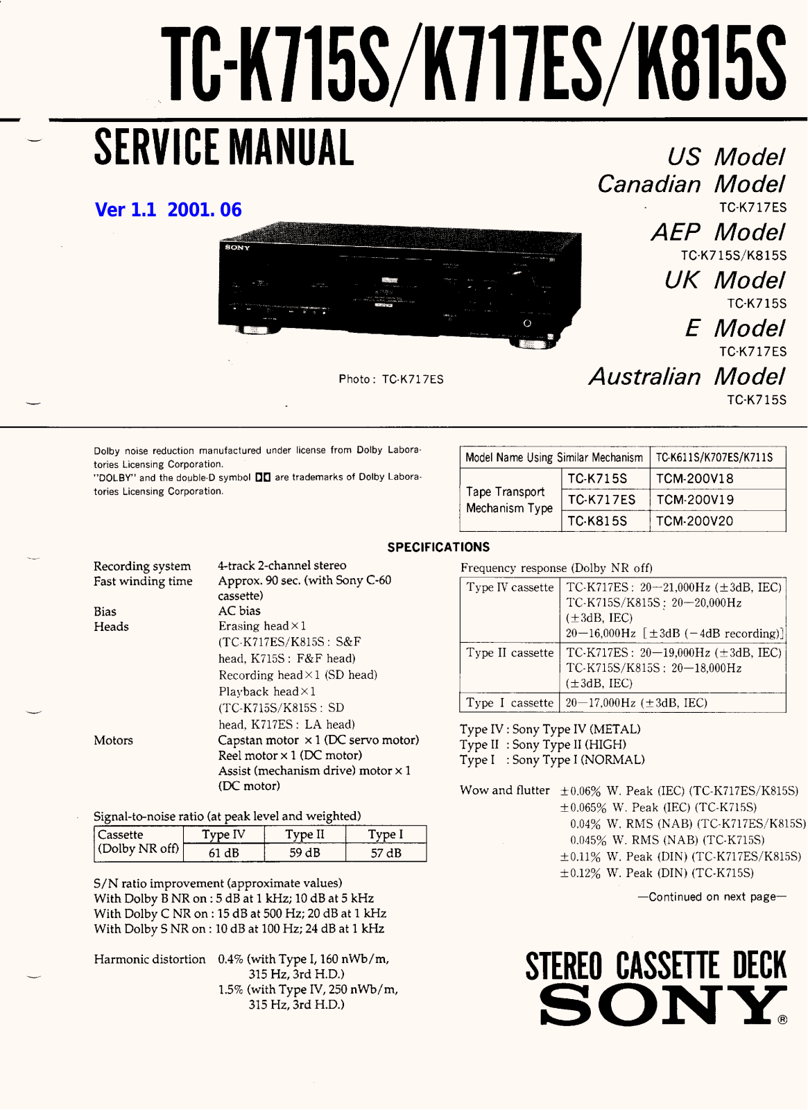 Sony TCK-715-S, TCK-717-ES, TCK-815-S Service manual