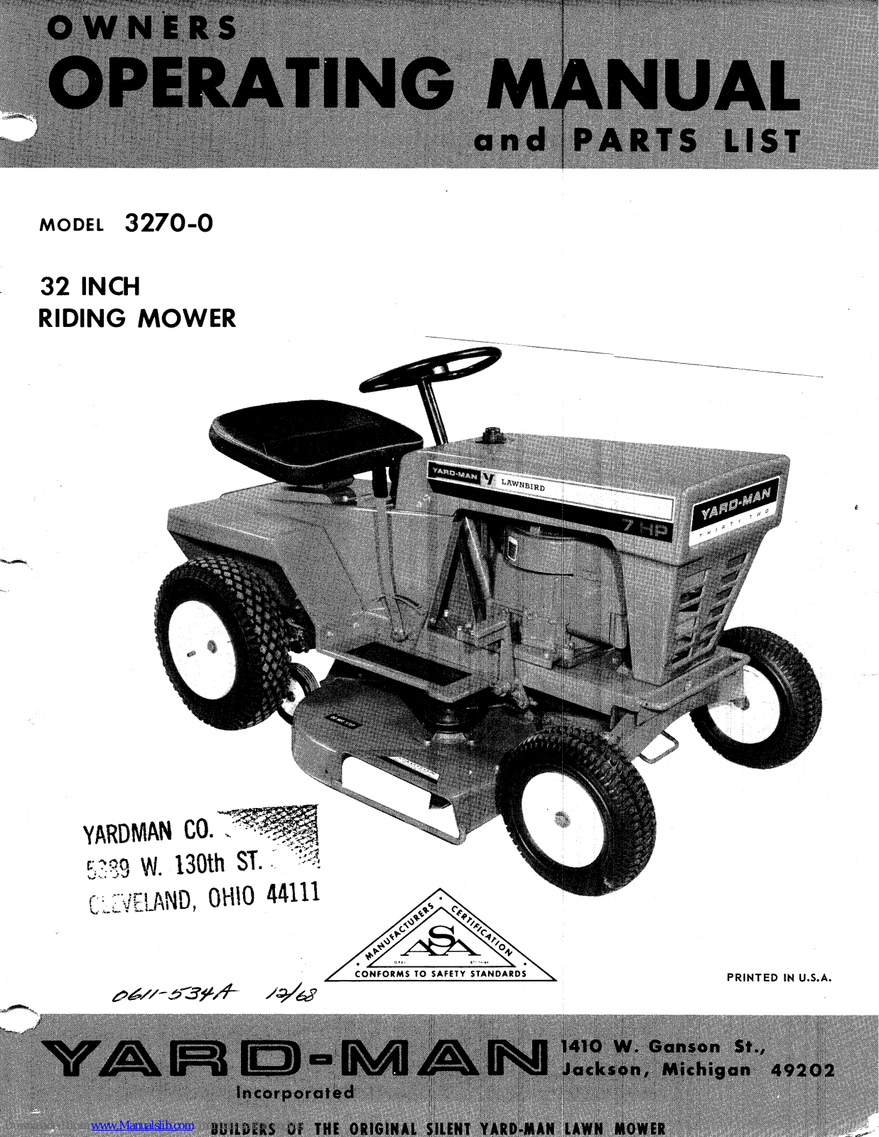 Yard-Man 3270-0 Owners Operating Manual And Parts List