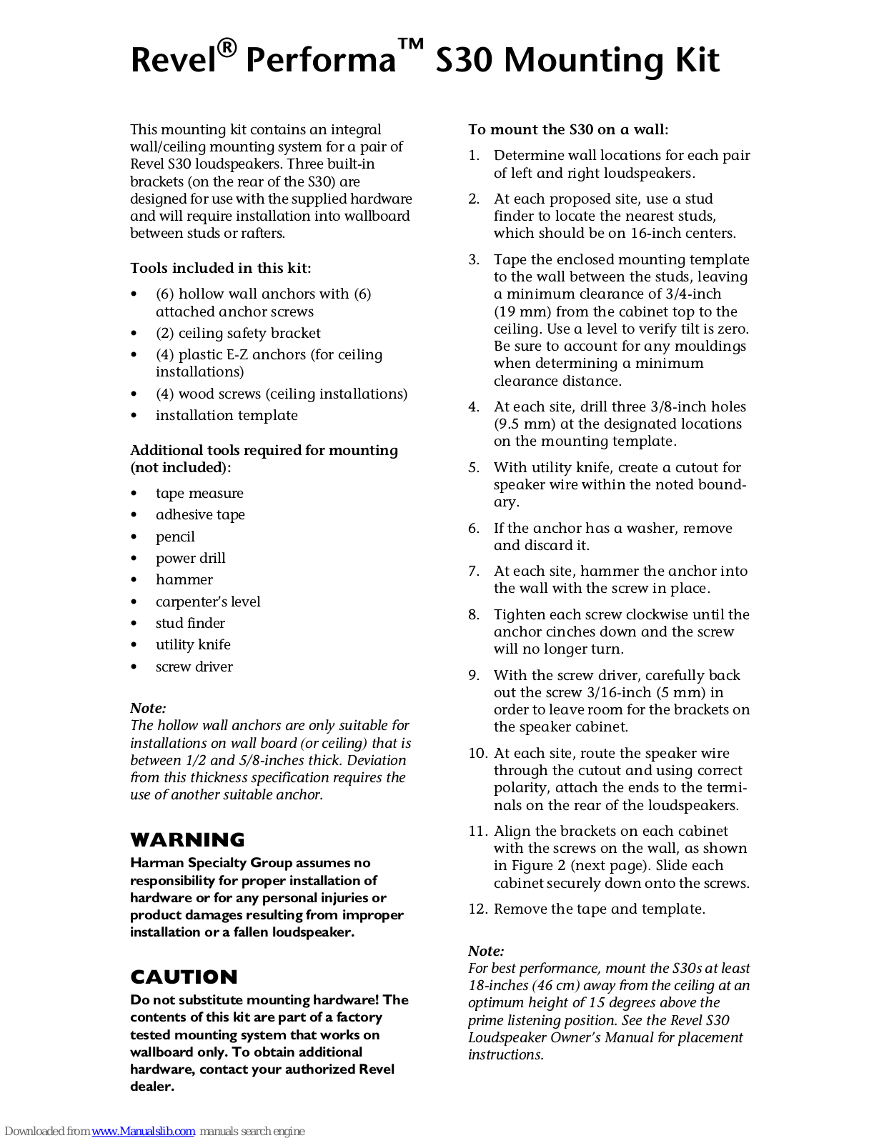 REVELL Performa S30 User Manual