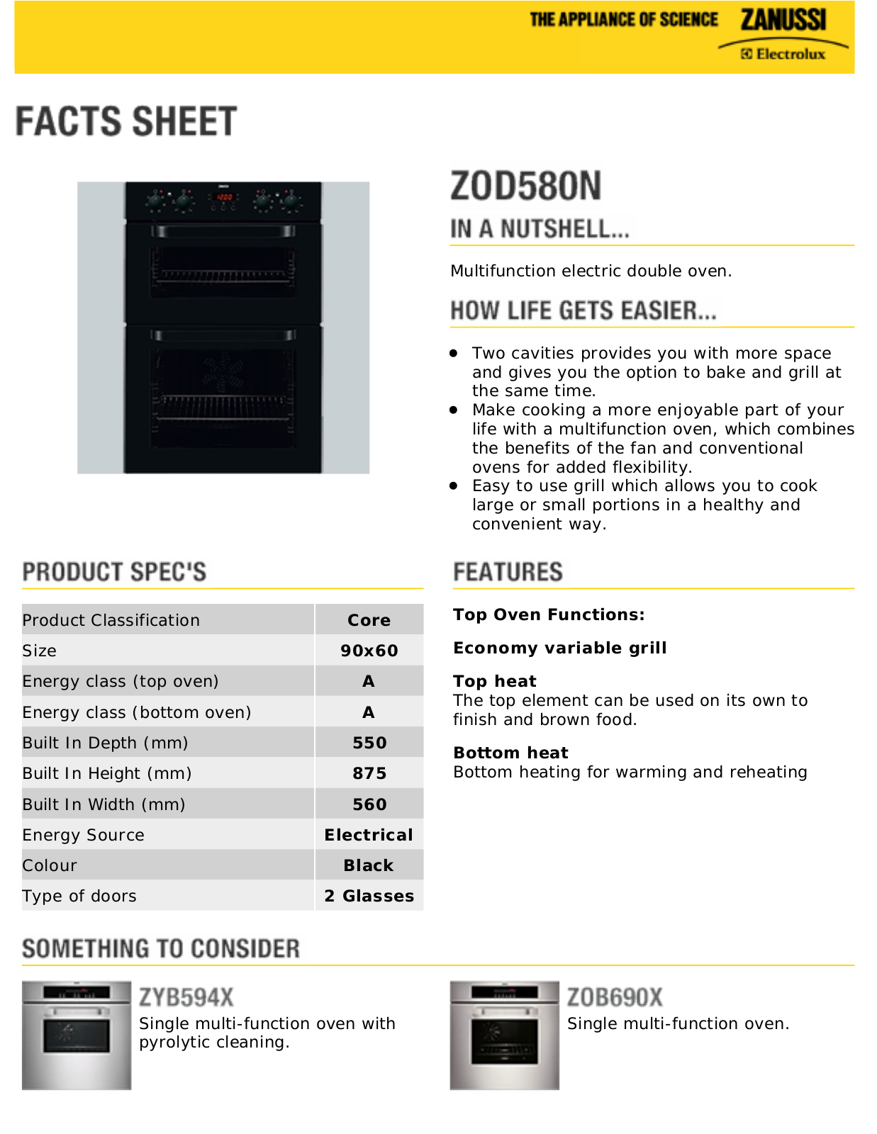 Zanussi ZOD580N facts sheet