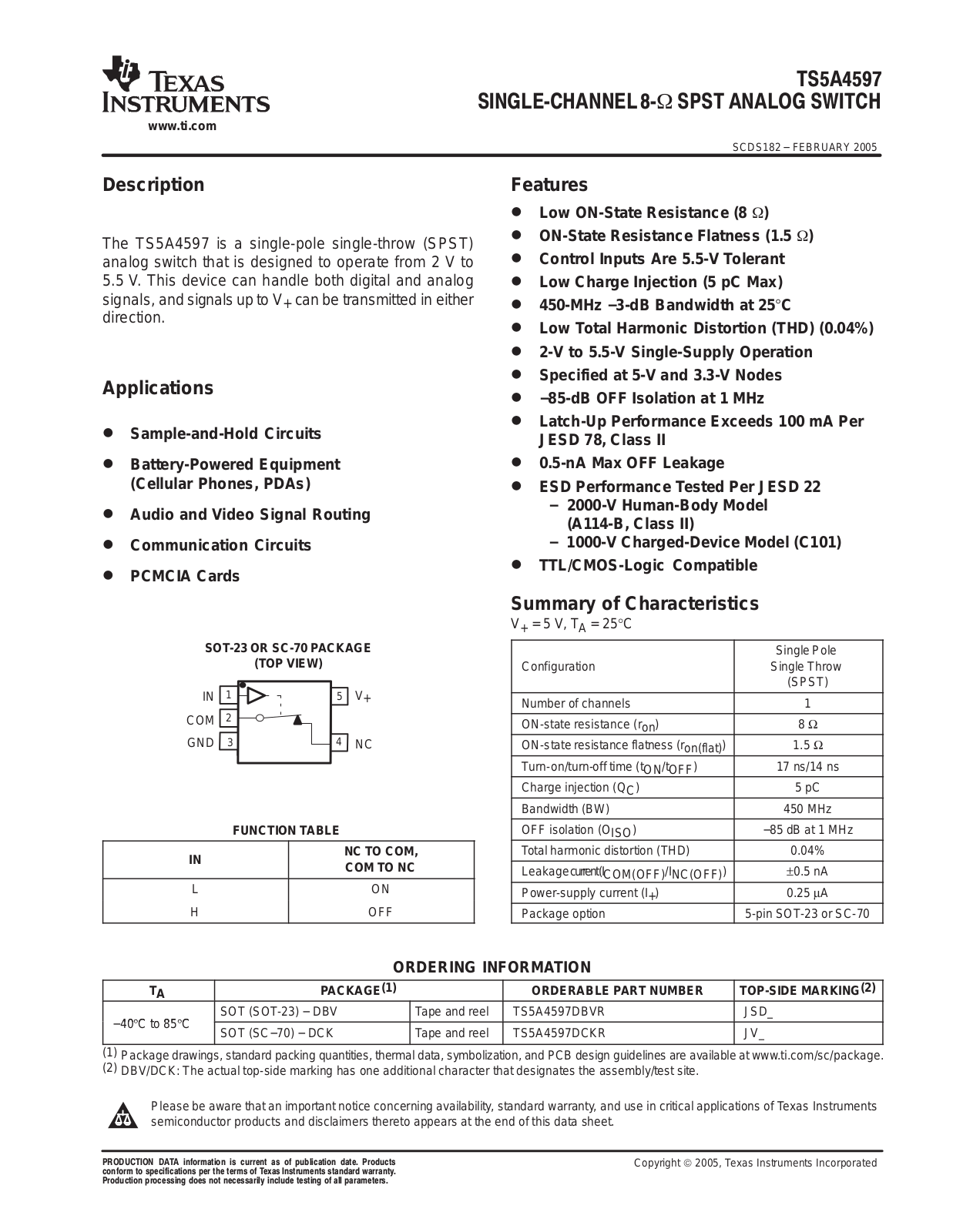 Texas Instruments TS5A4597DBVR, TS5A4597DCKR Schematic