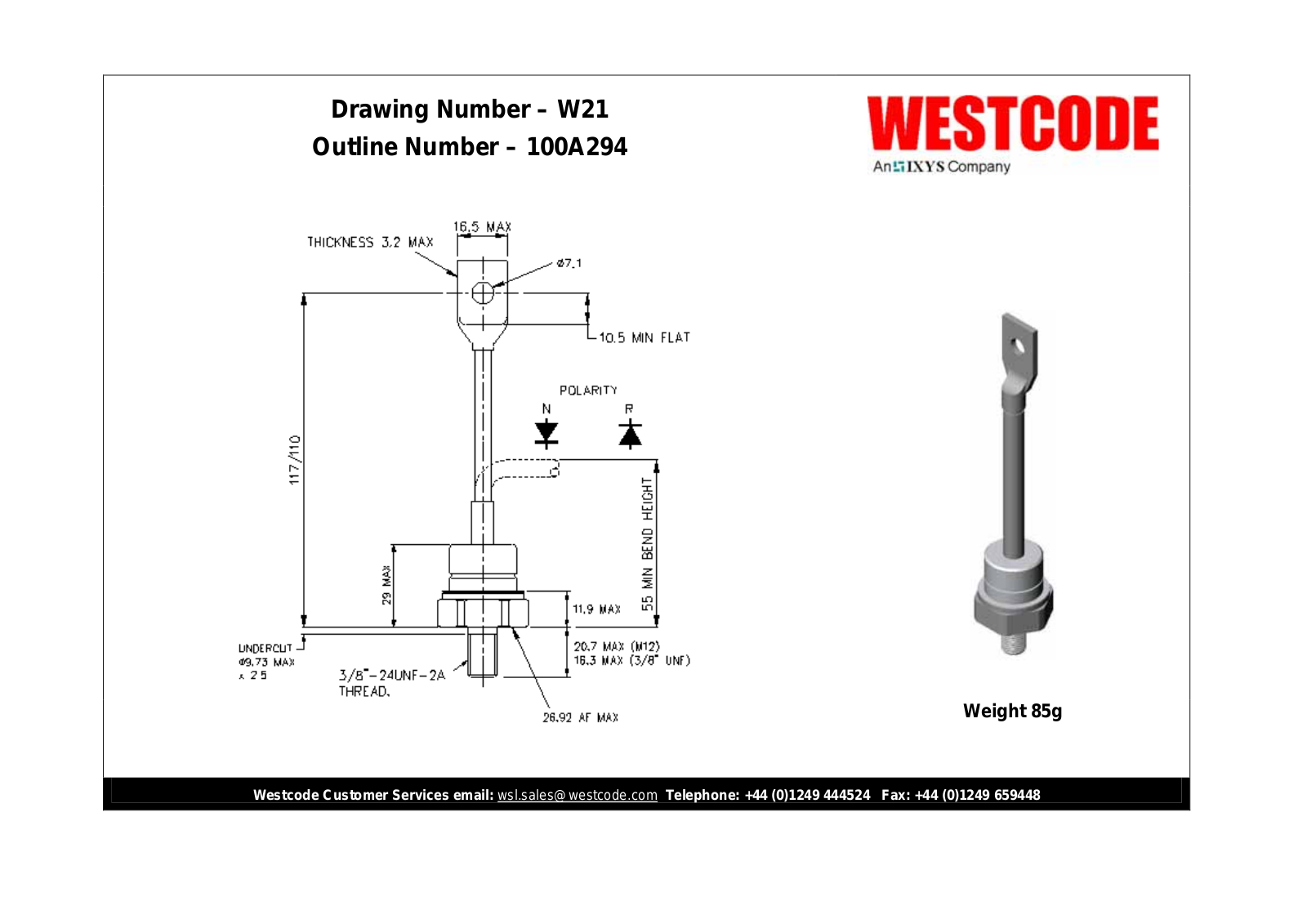 Westcode Semiconductors W21 100A294 Dimensional Sheet