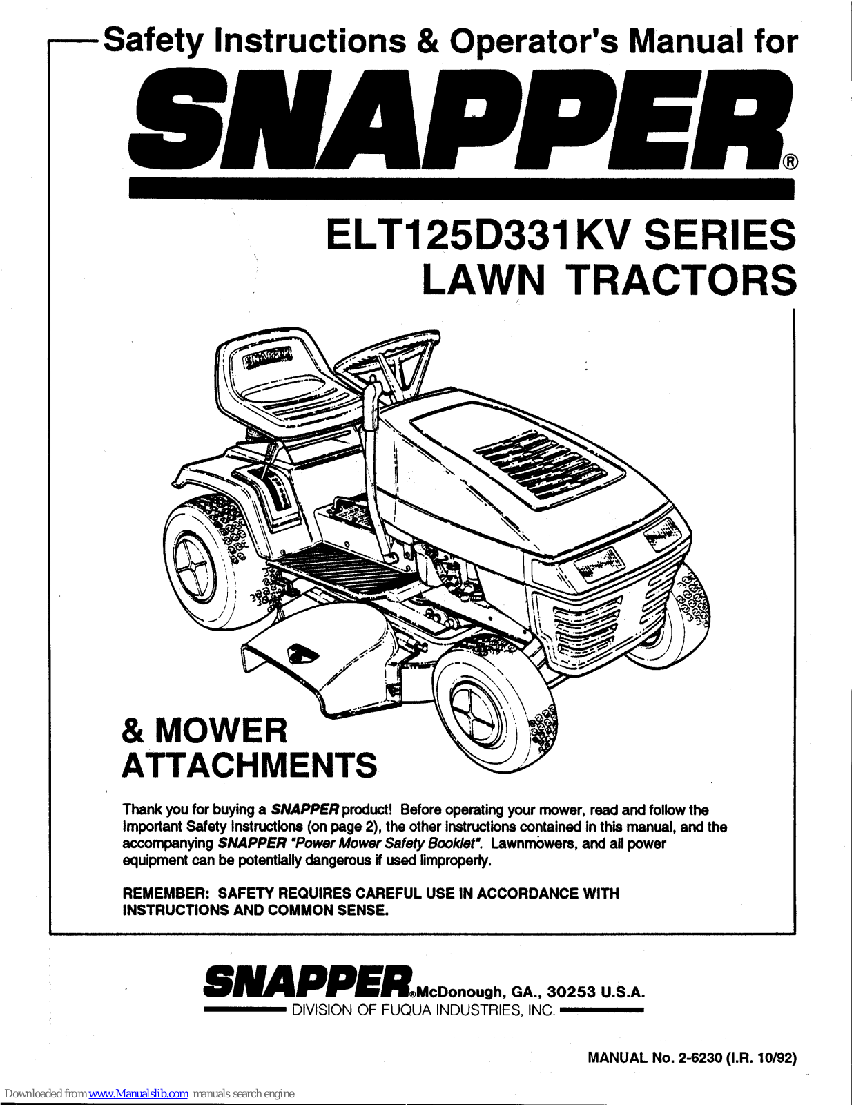 Snapper ELT125D331KV SERIES Safety Instructions & Operator's Manual