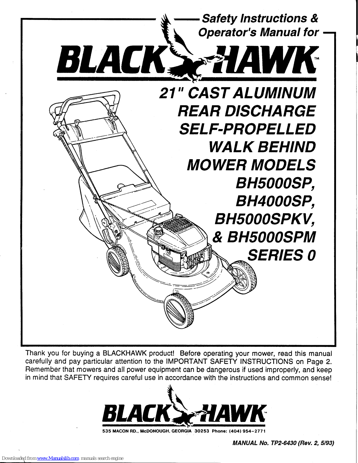 Snapper BH50000SP,BH5000SP,BH4000SP,BH5000SPKV,BH5000SPM Safety Instructions & Operator's Manual