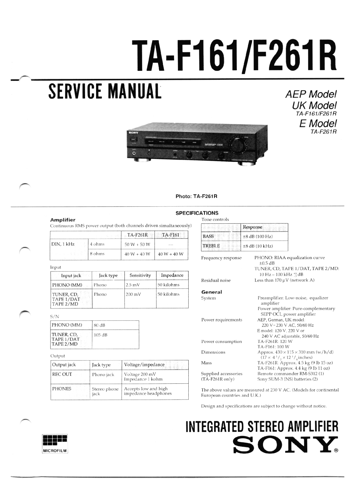 Sony TAF-161, TAF-261-R Service manual