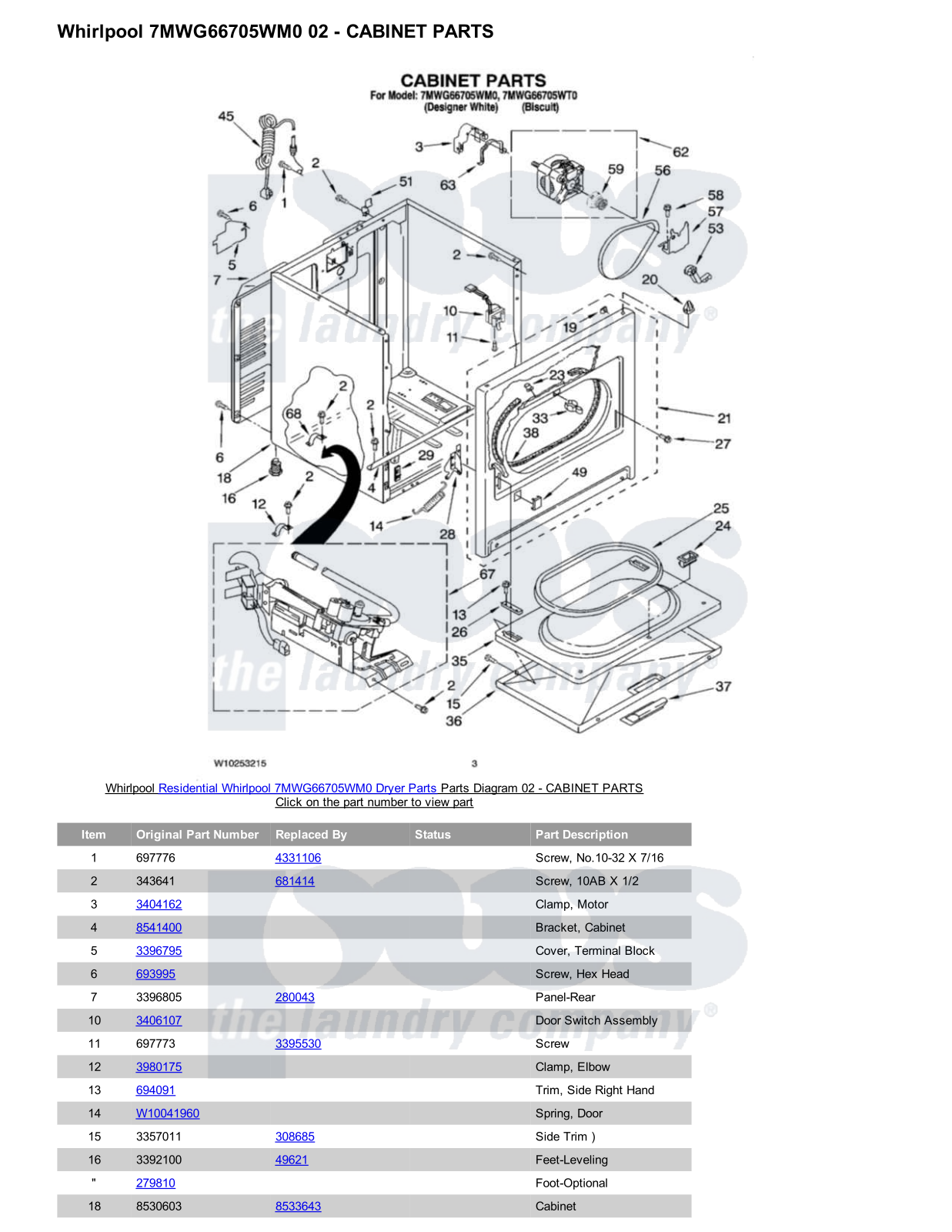 Whirlpool 7MWG66705WM0 Parts Diagram