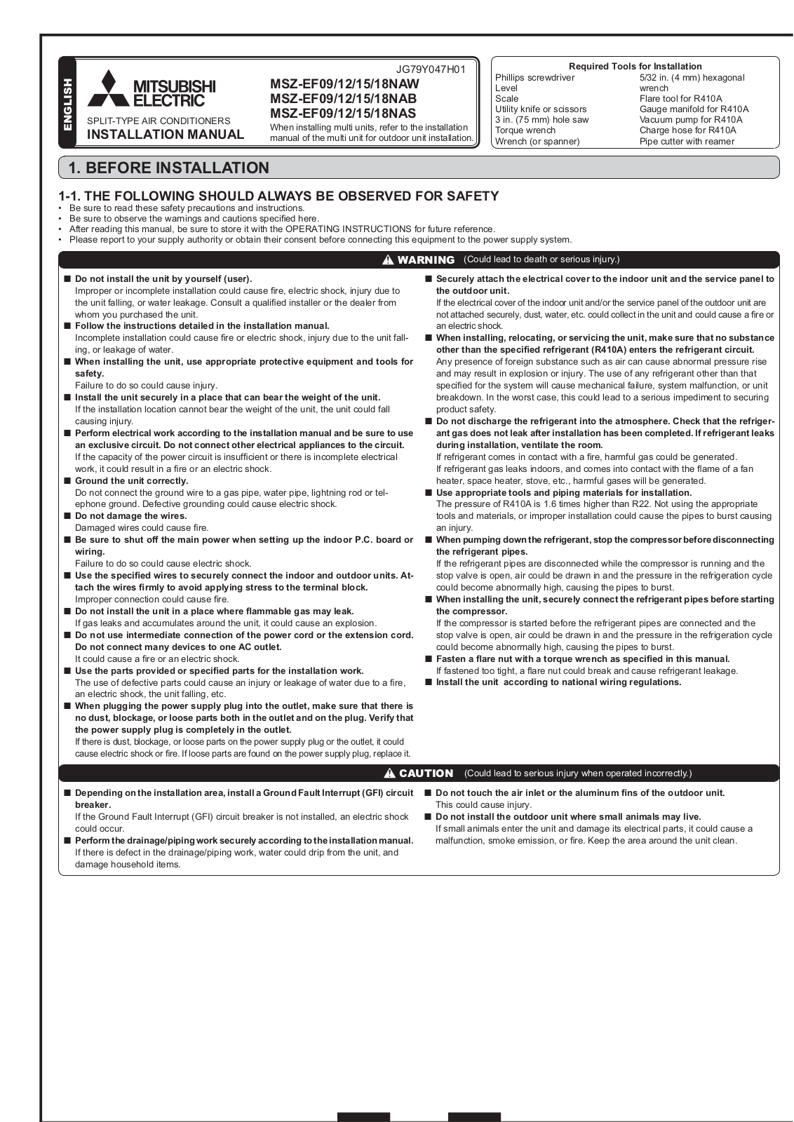 Mitsubishi Electronics MSZ-EF09NAW, MSZ-EF12NAW, MSZ-EF15NAW, MSZ-EF18NAW, MSZ-EF09NAB Installation Manual