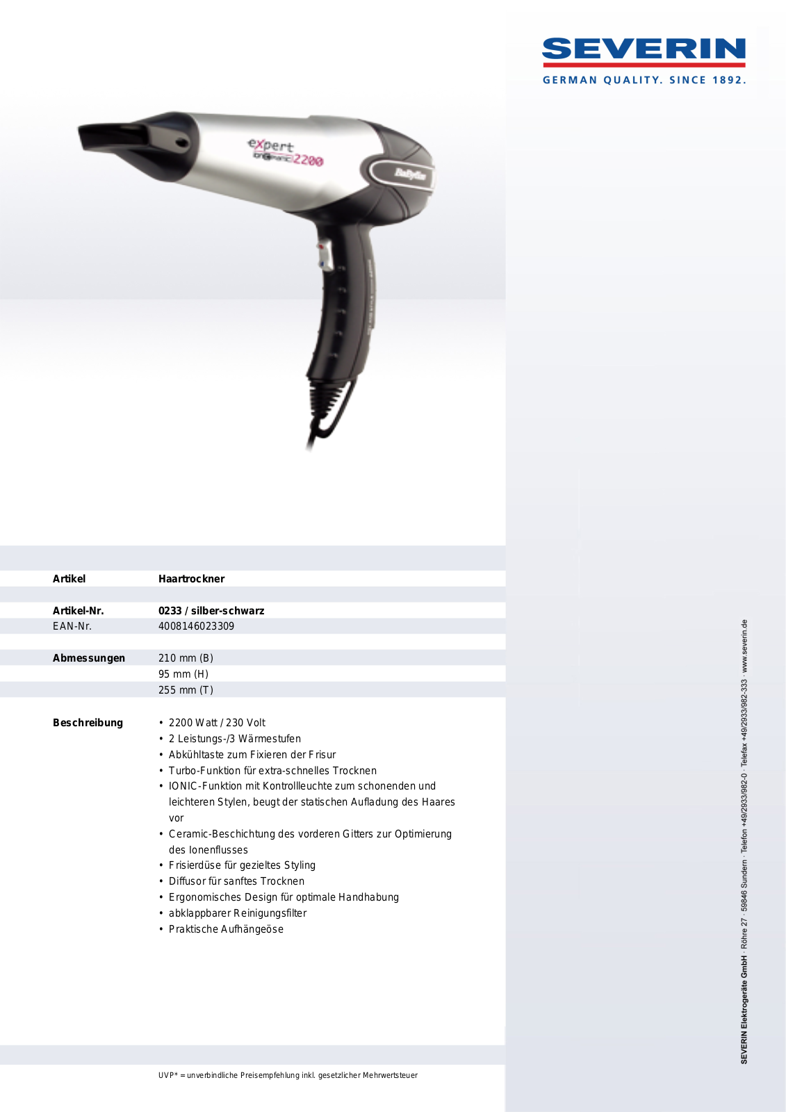 Severin 0233 DATASHEET