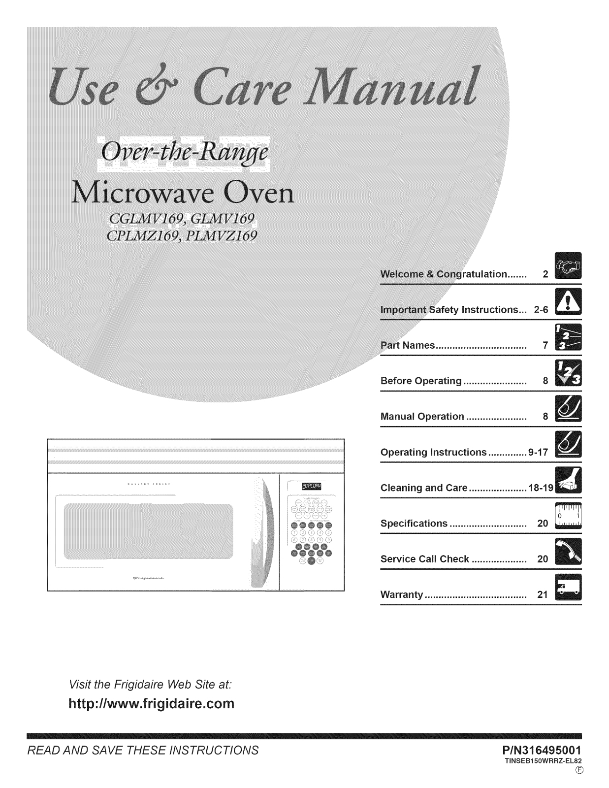 Frigidaire PLMVZ169HCA, GLMV169HSA, GLMV169HQA, GLMV169HBA Owner’s Manual