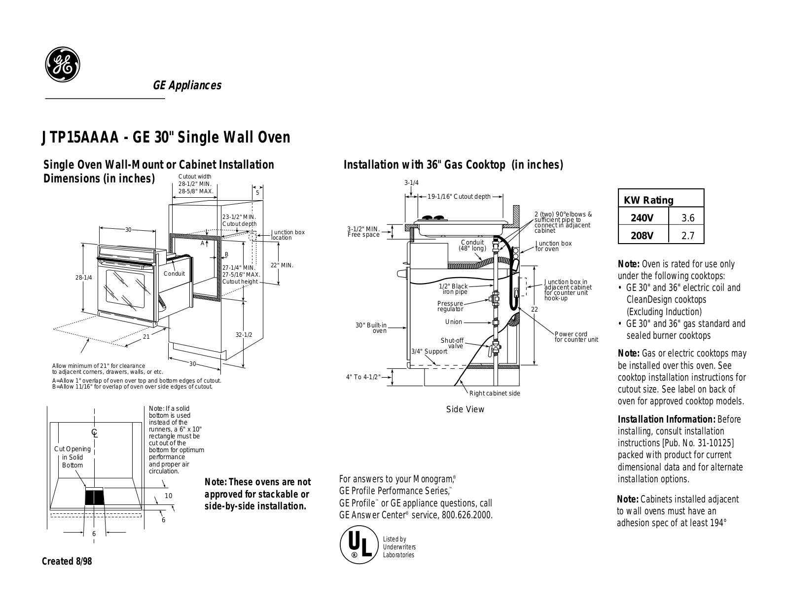 GE JTP15AAAA Specification