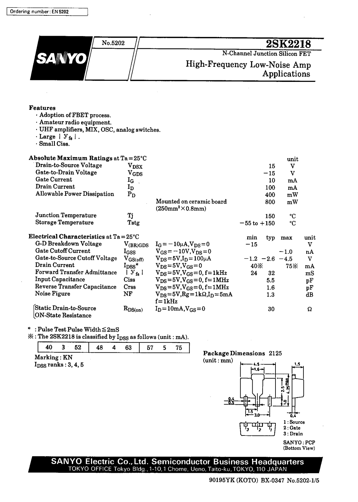 SANYO 2SK2218 Datasheet