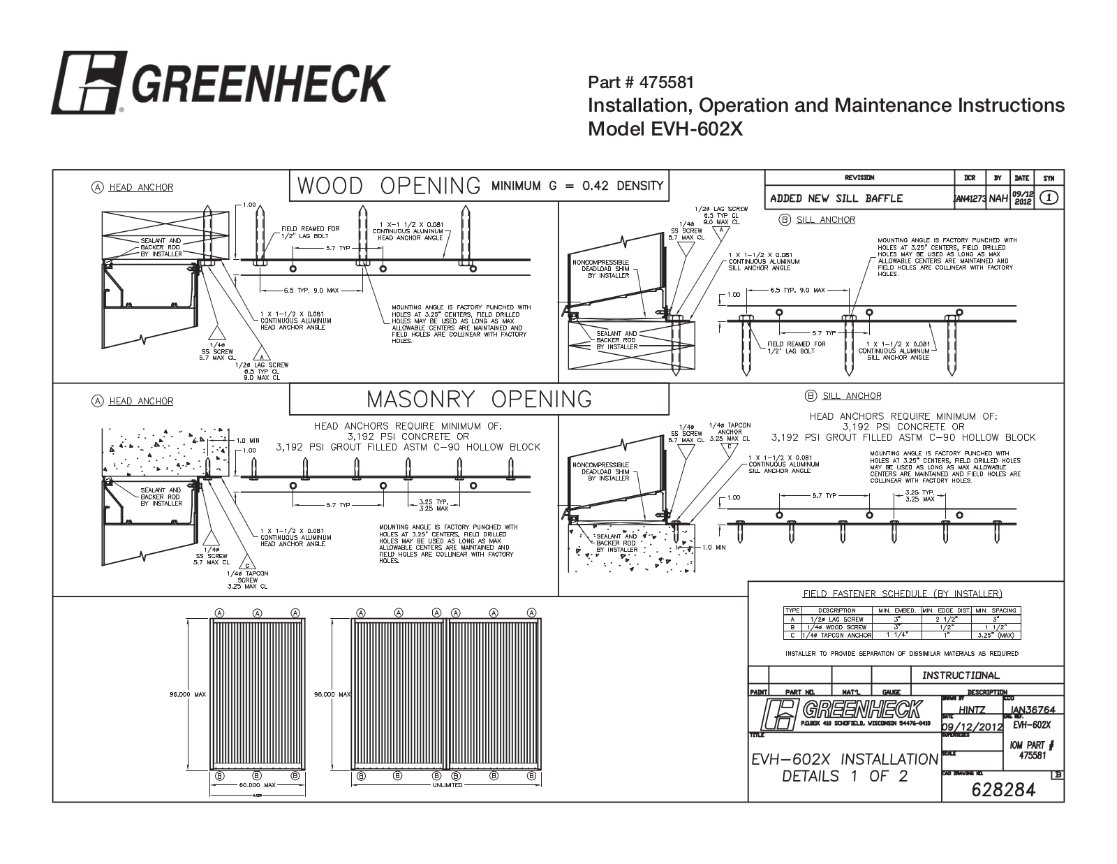 Greenheck EVH-602X Installation  Manual