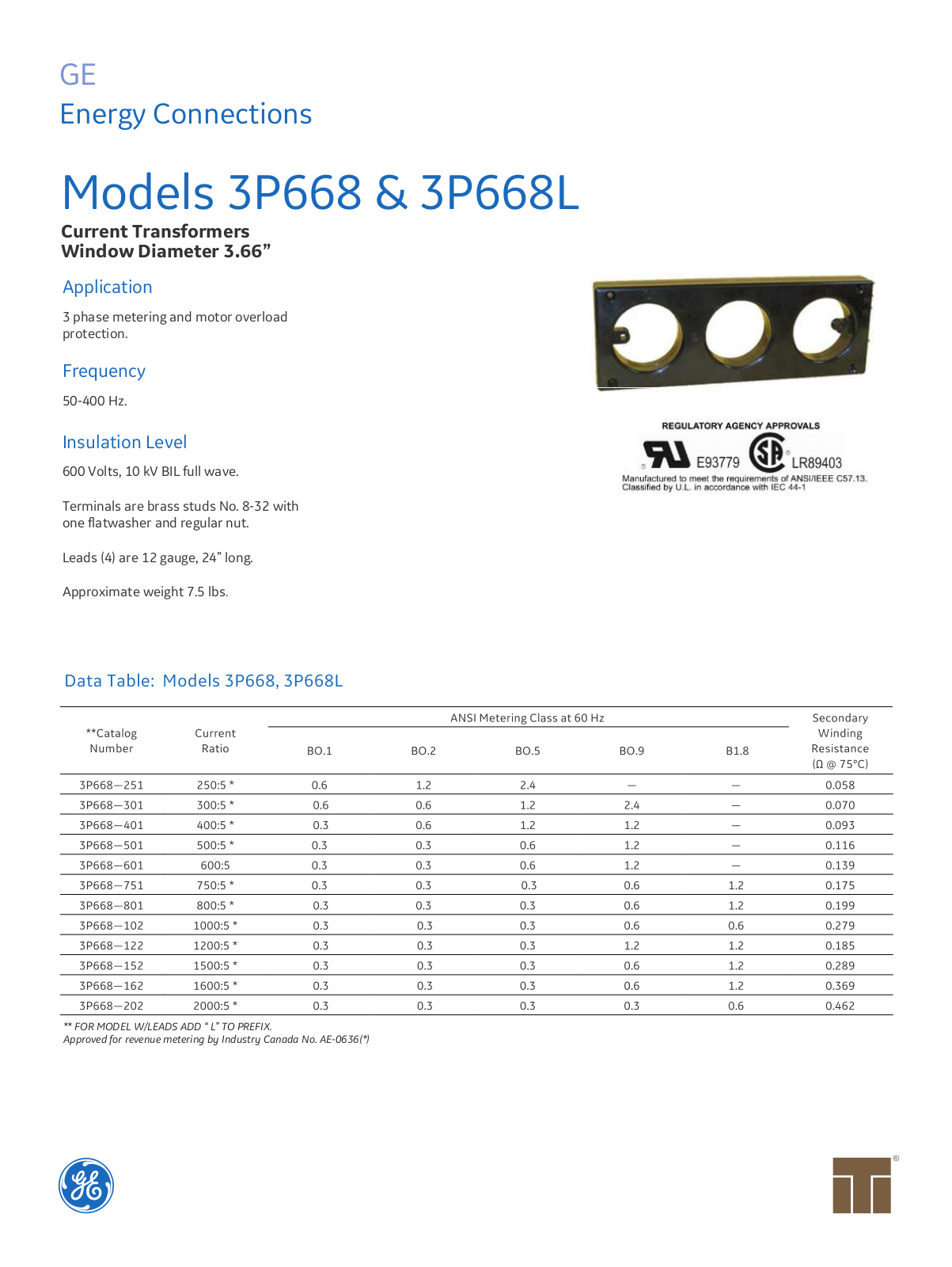 Instrument Transformer, Div of GE 3P668, 3P668L Data Sheet