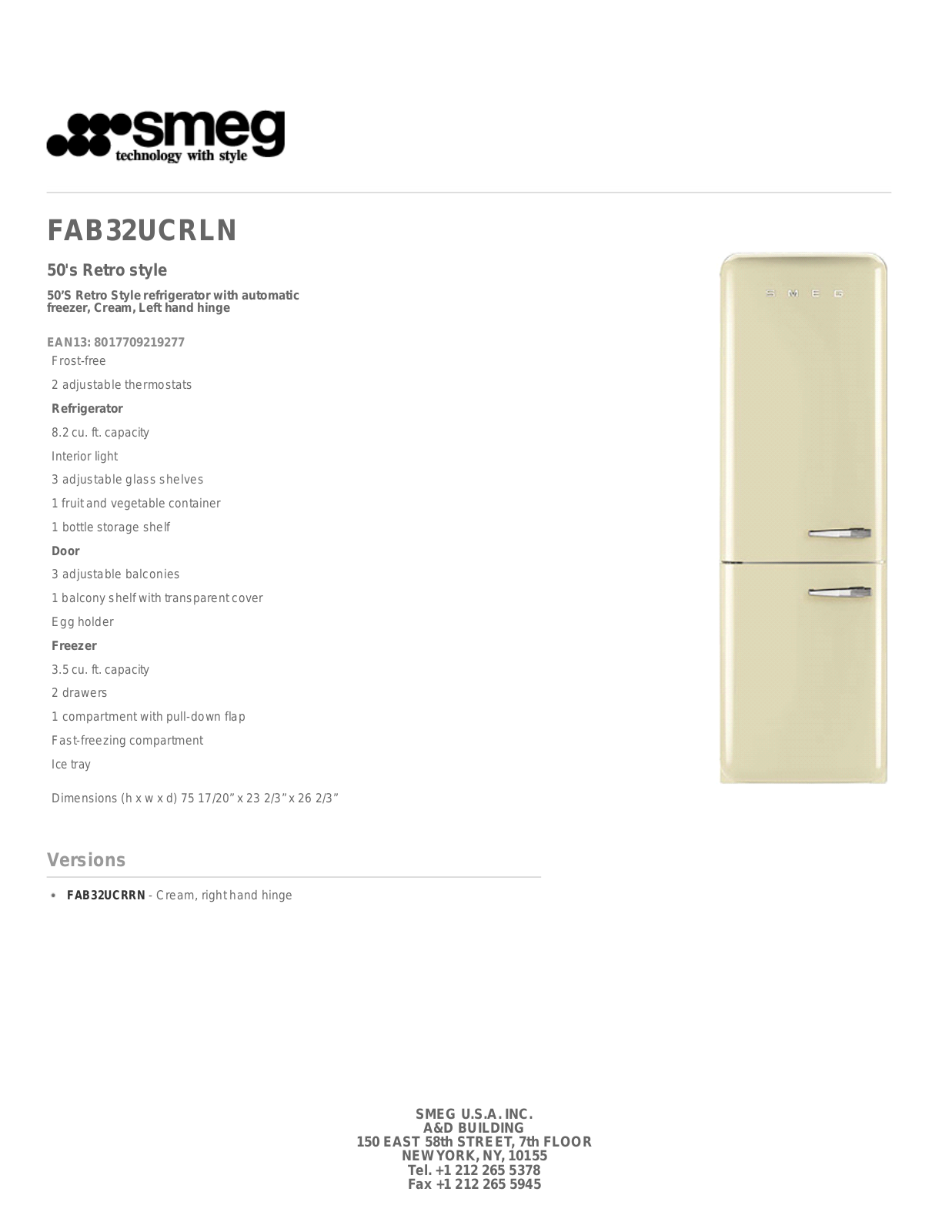 Smeg FAB32UCRLN Specs