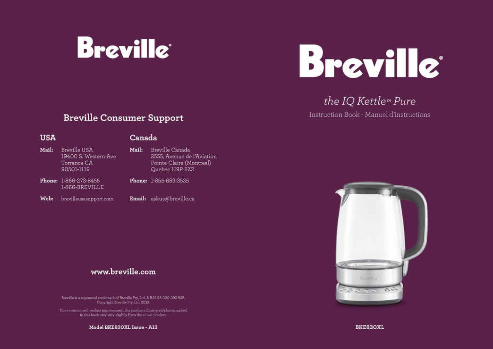 Breville IQ KETTLE PURE, BKE830XL Instruction Book