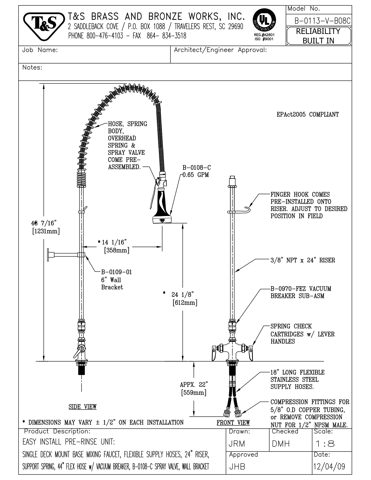 T&S Brass B-0113-V-B08C User Manual