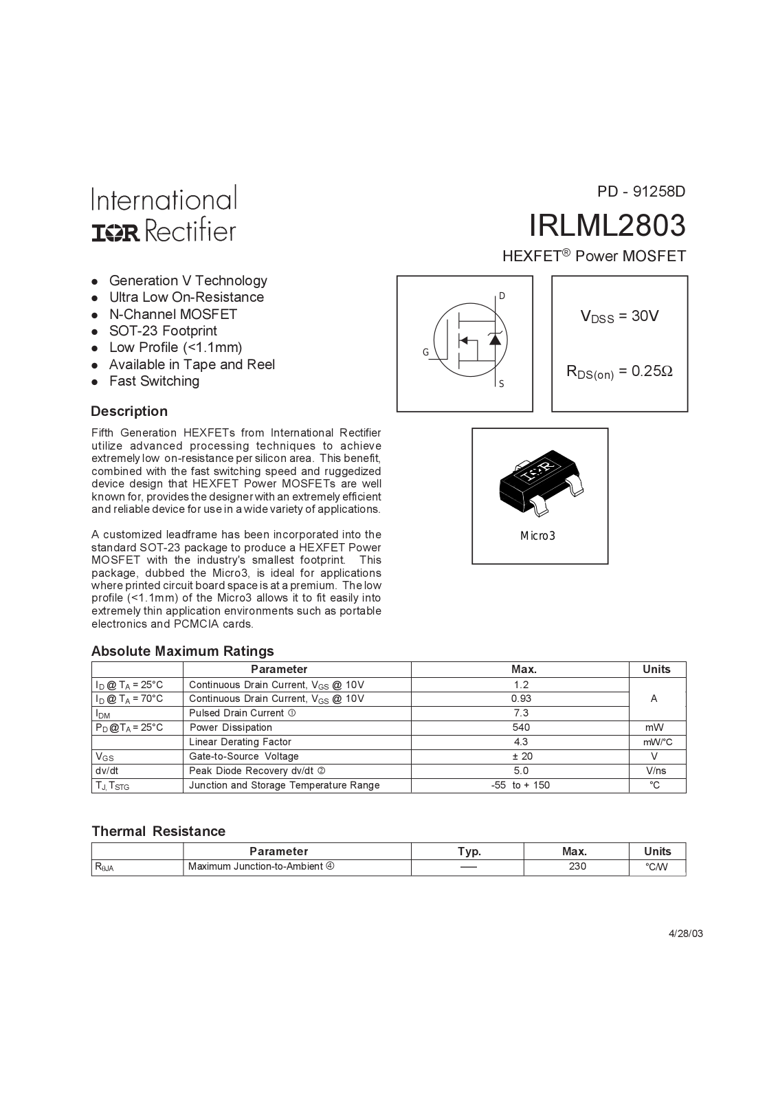 International Rectifier IRLML2803TR, IRLML2803 Datasheet