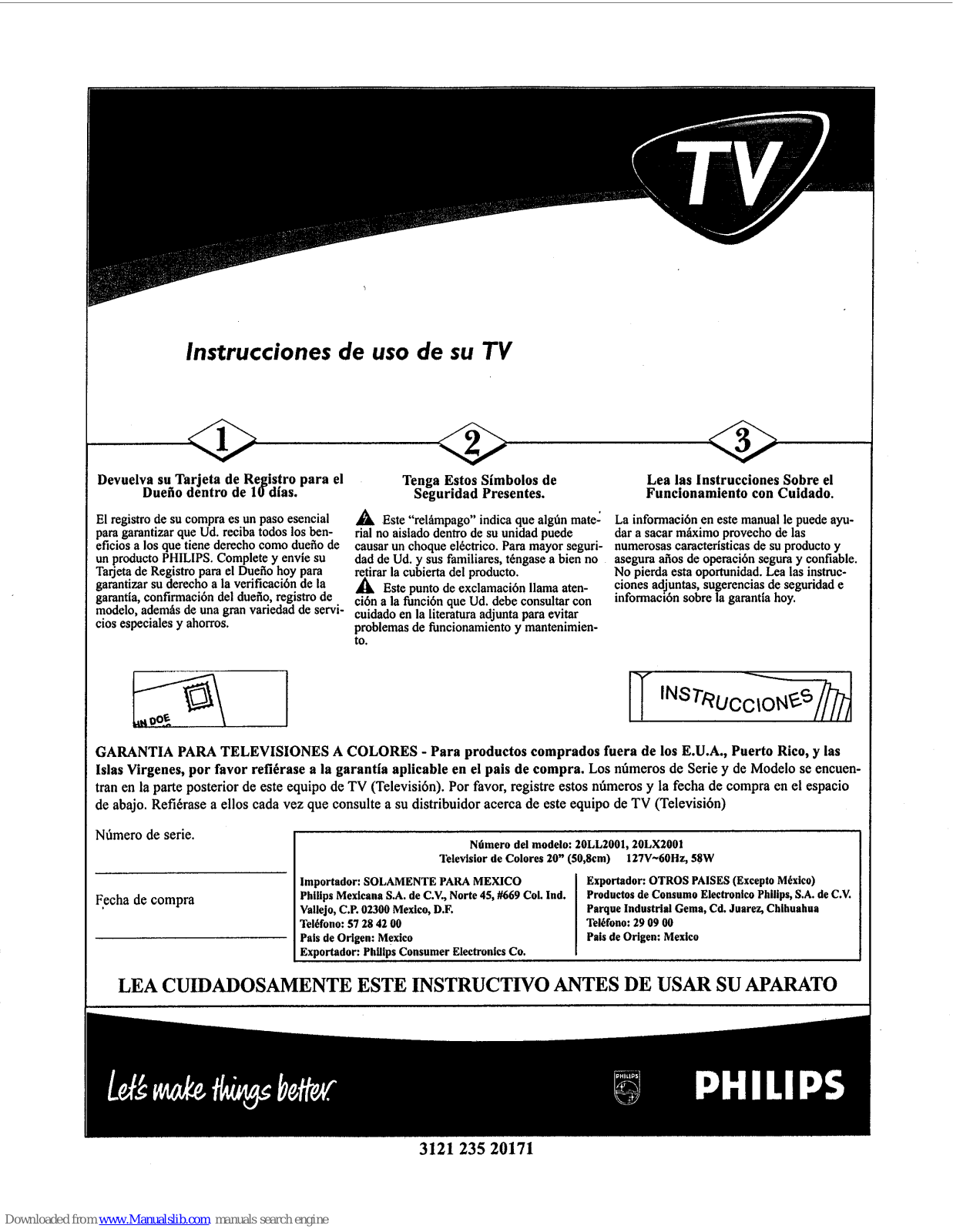 Philips 19-MONO COLOR TV W-REM CONT-CHARCOAL-20LL200, 19-MONO COLOR TV W-REM CONTROL-PEWTER-20LX200, 20LL200, 20LL2001, 20LX200 Instrucciones De Uso