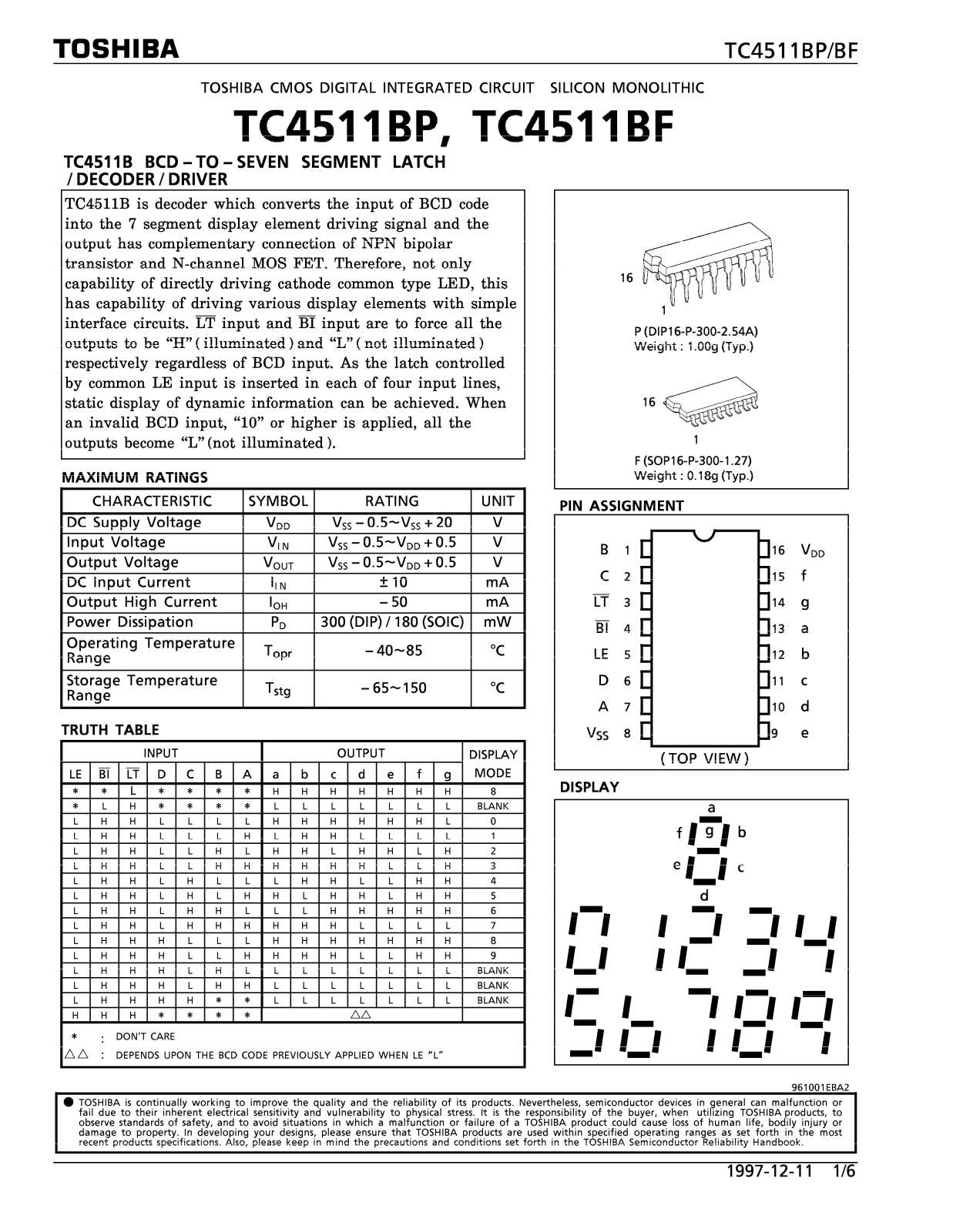 Toshiba TC4511BF, TC4511BP Datasheet