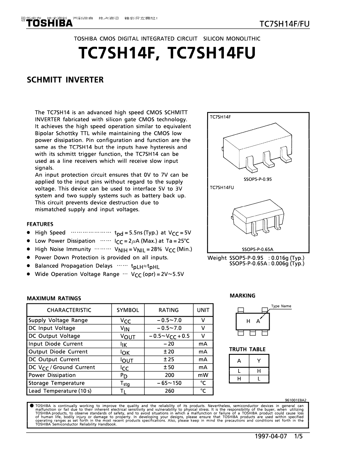 Toshiba TC7SH14F Technical data