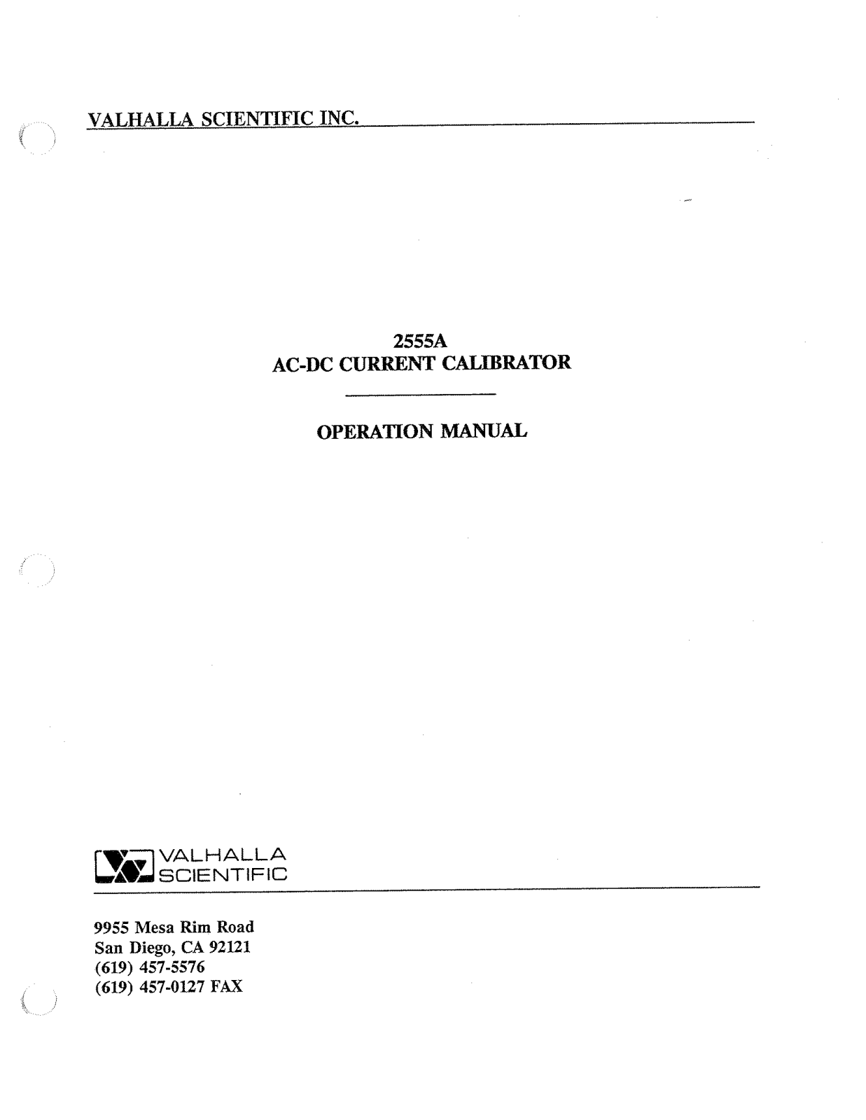 Valhalla Scientific 2555A Service manual