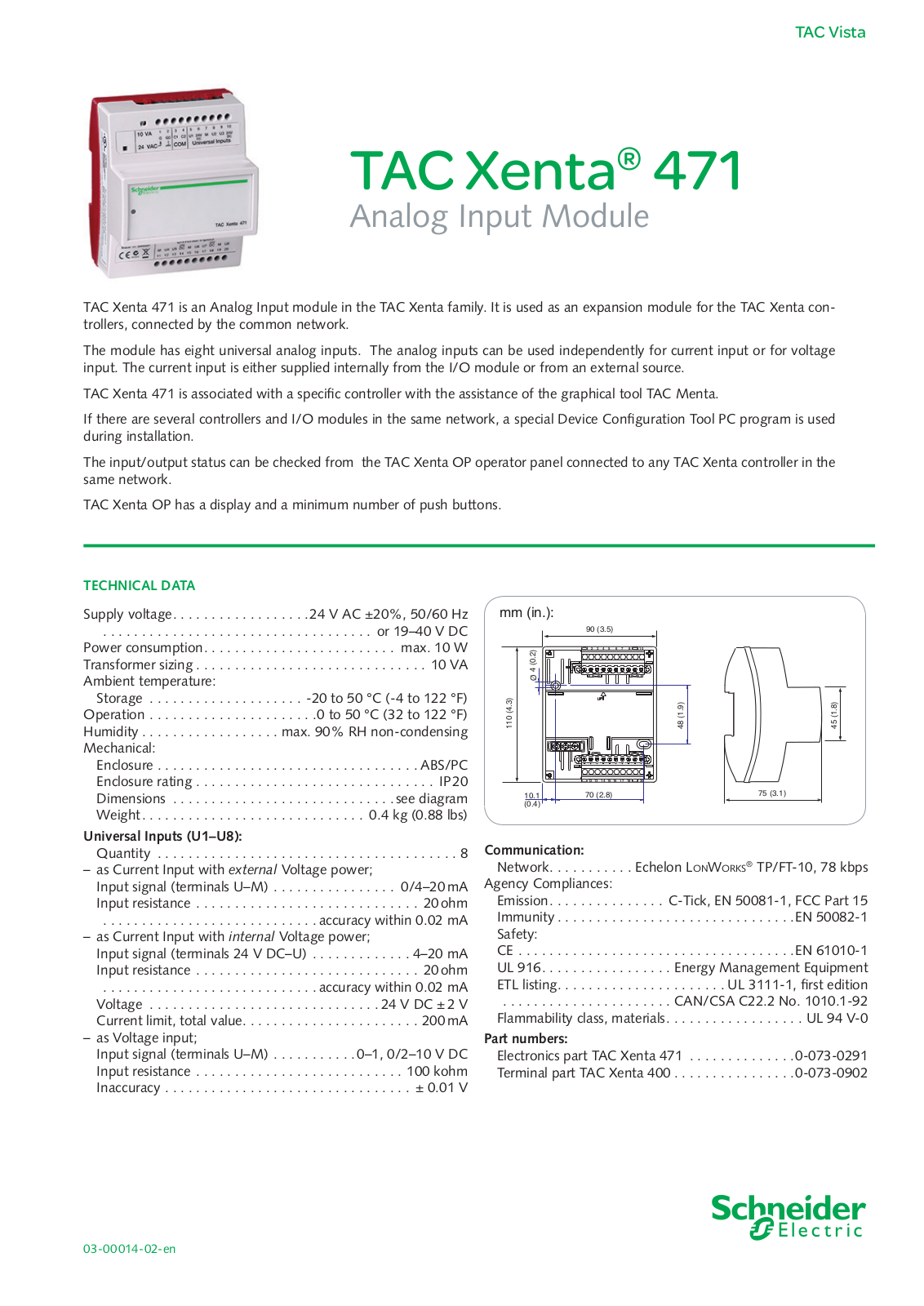 Schneider Electric TAC Xenta 471 Data Sheet