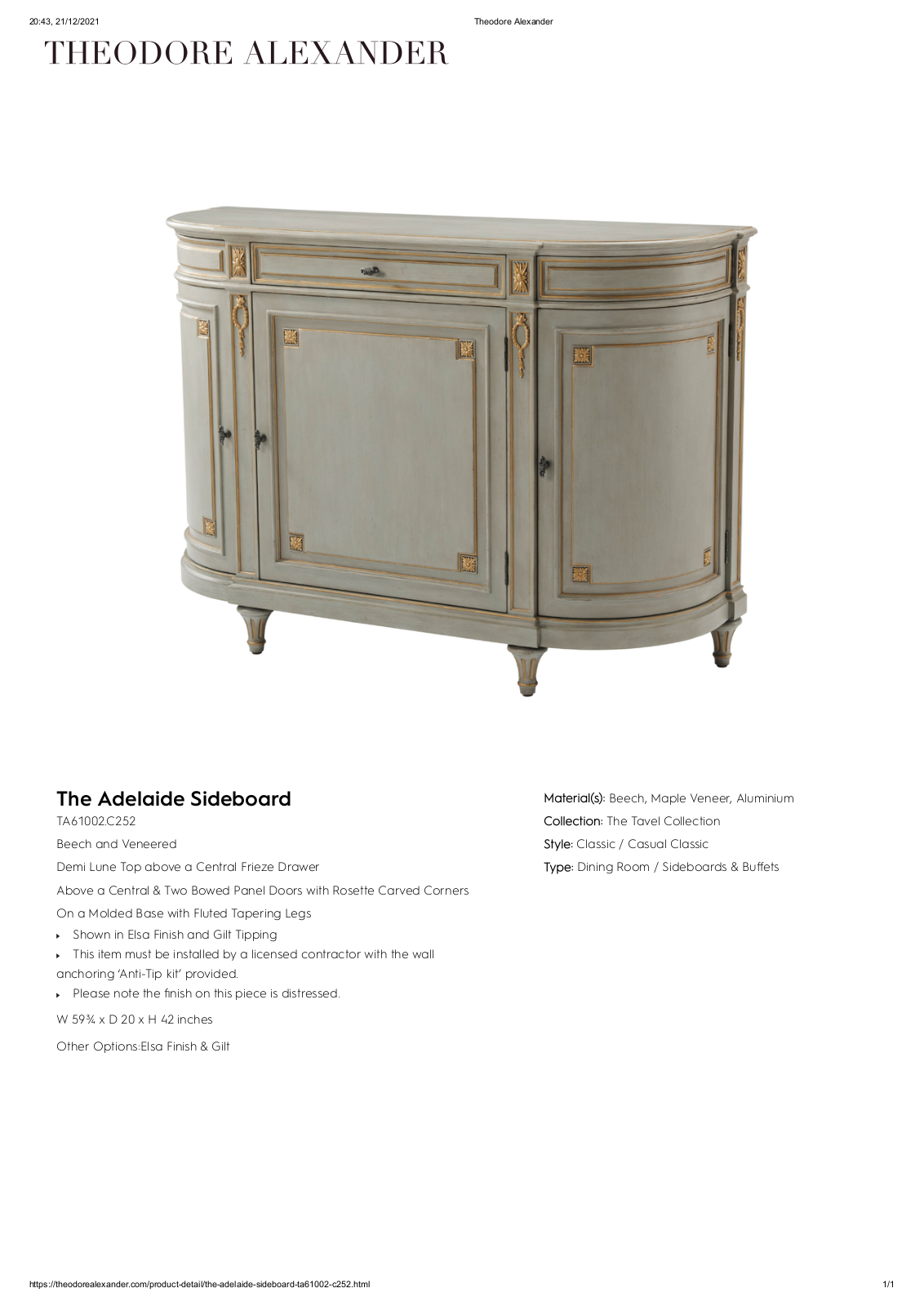 Theodore Alexander FPLJ3900 Specifications - ManualMachine.com