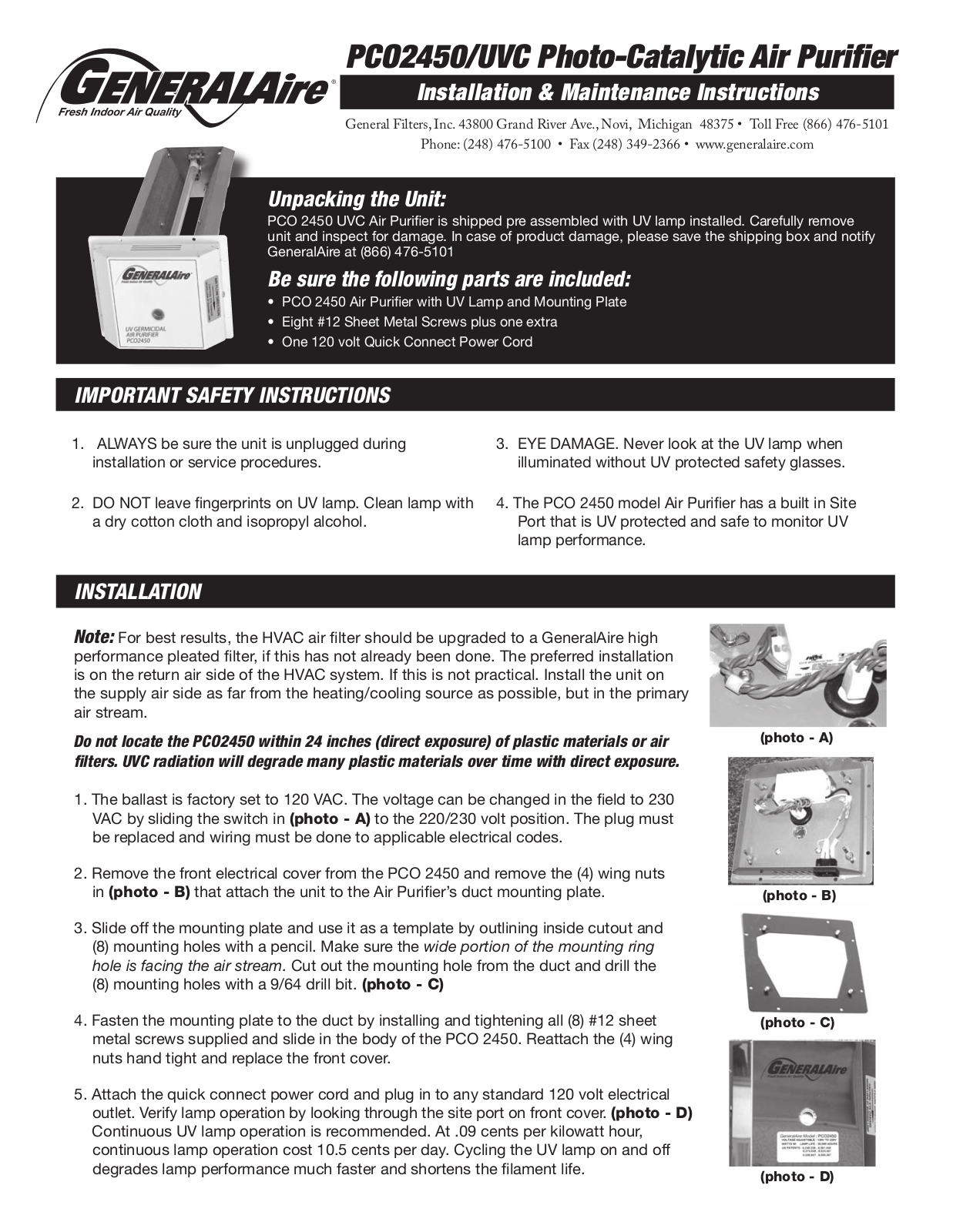 GeneralAire PCO2450 User Manual