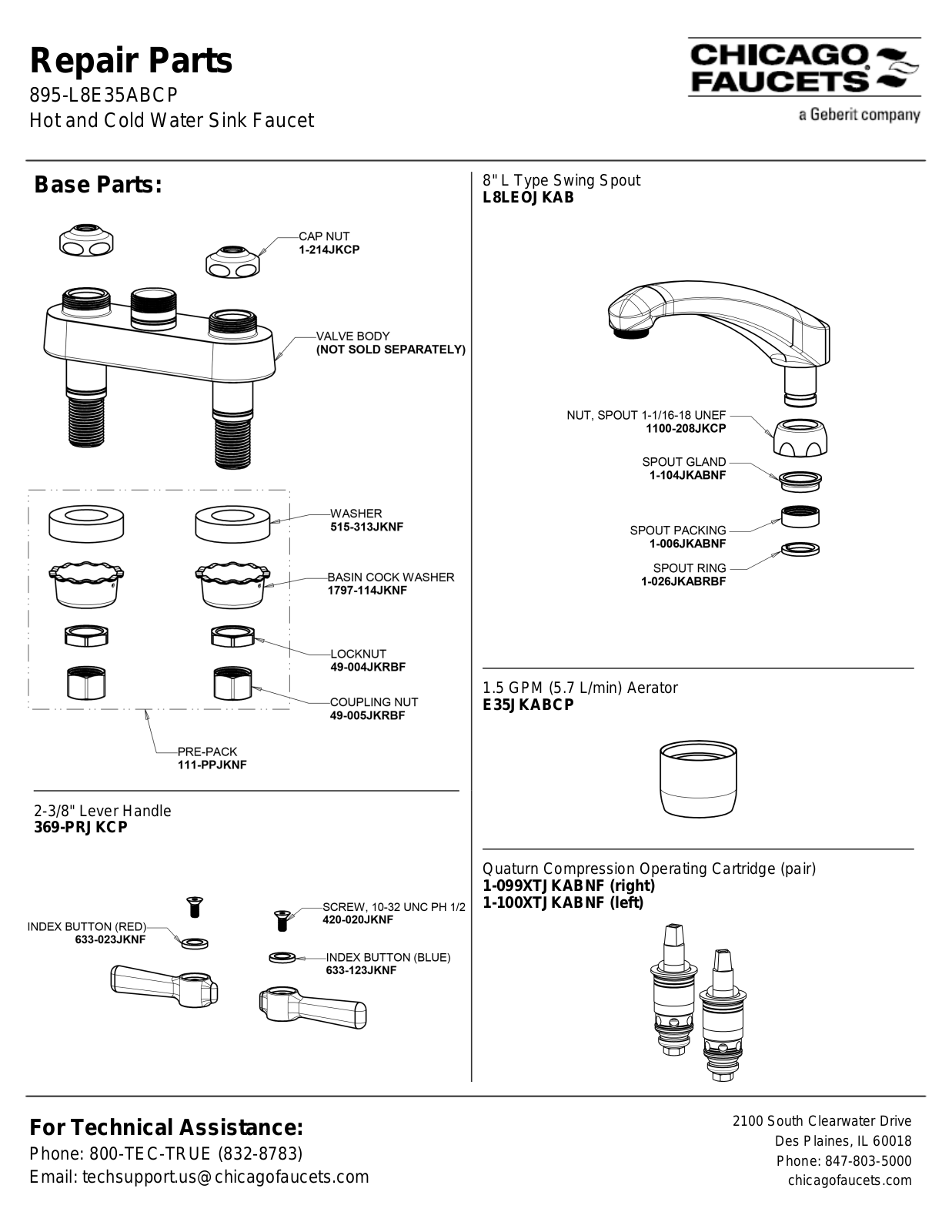 Chicago Faucet 1895-L8E35ABCP Parts List