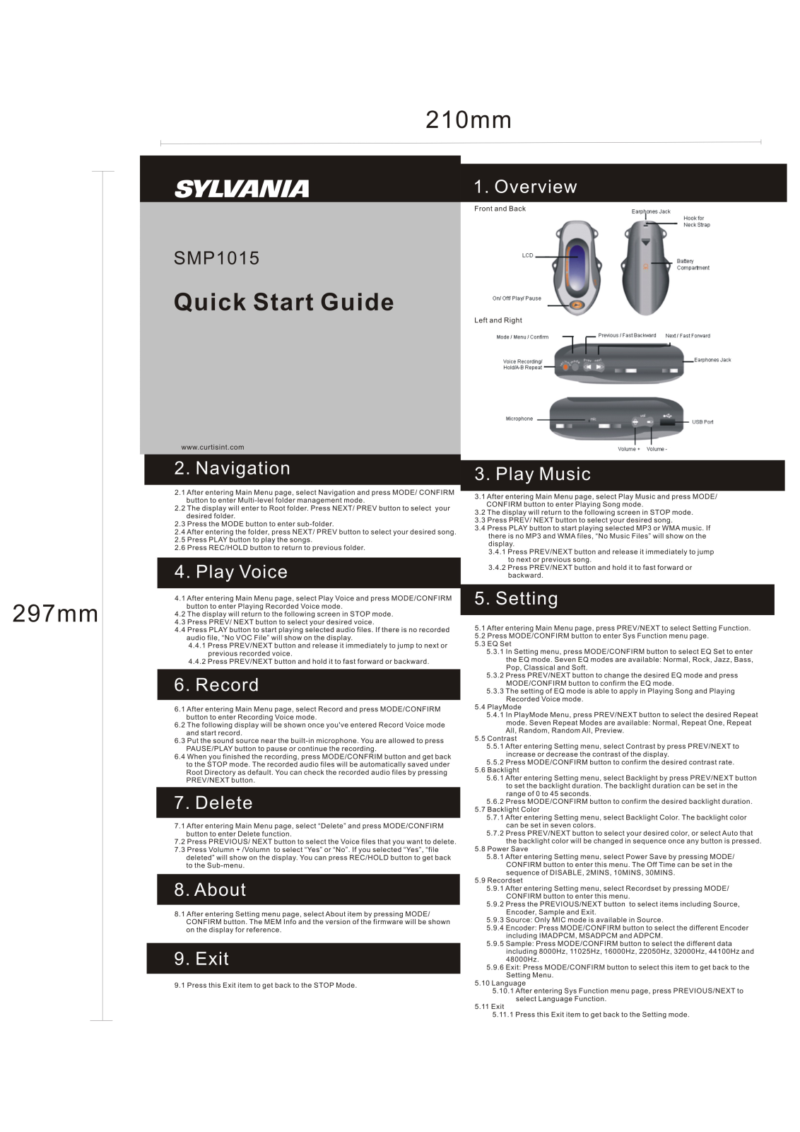 Sylvania SMP 1015 Quick Start Guide