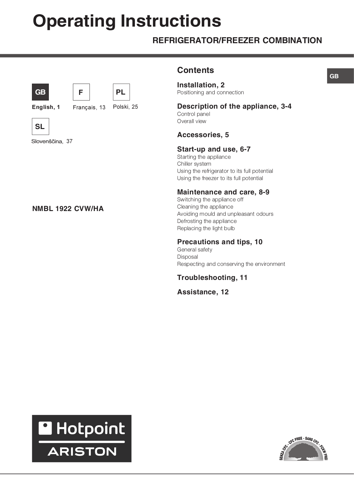 HOTPOINT NMBL1922CV, NMBL1922CVW-HA User Manual