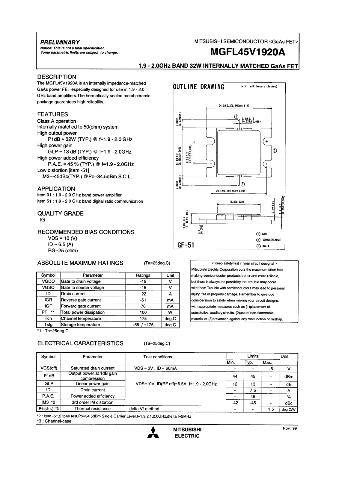 Mitsubishi MGFL45V1920A Datasheet