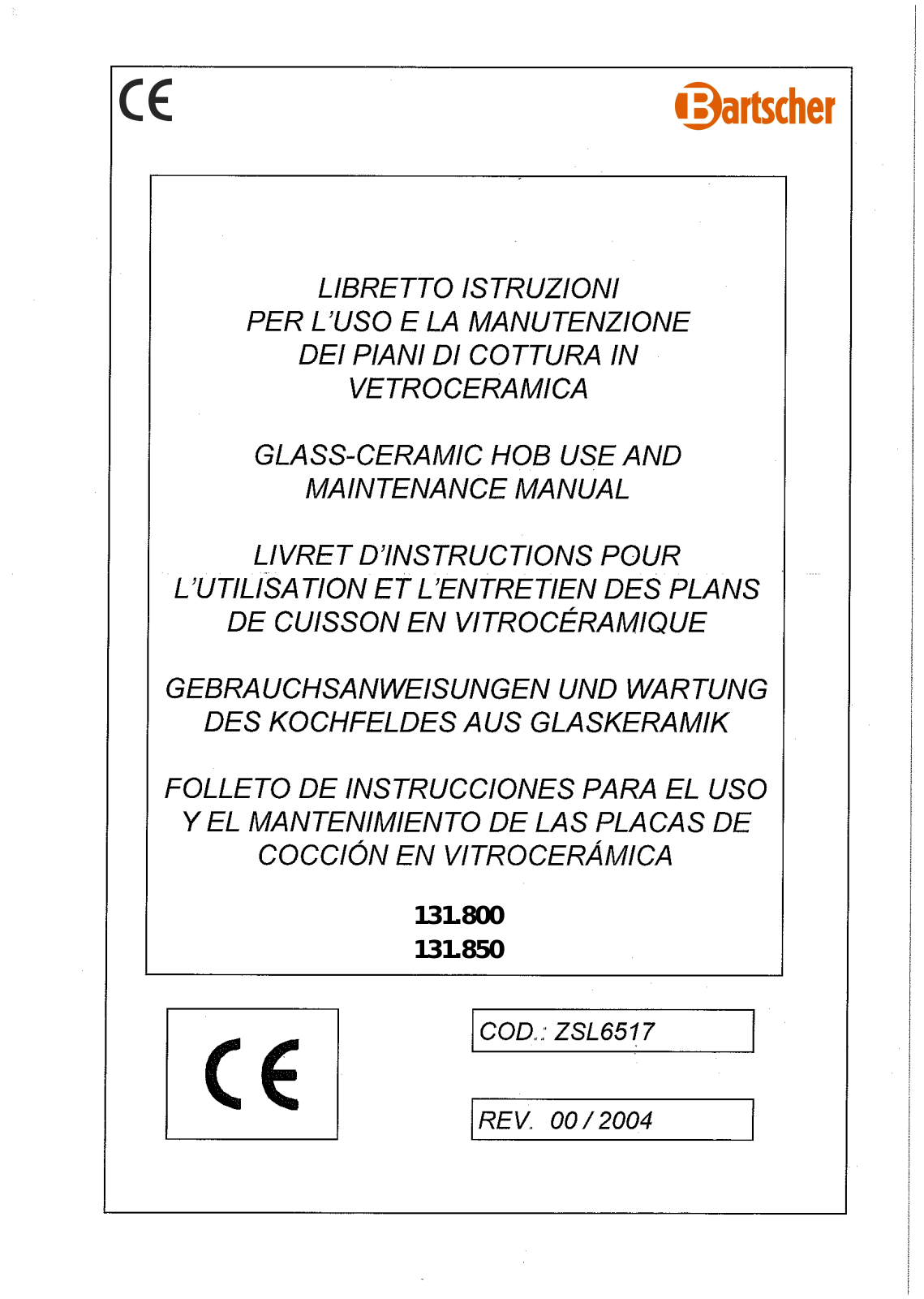 Bartscher 131.800, 131.850 User Manual