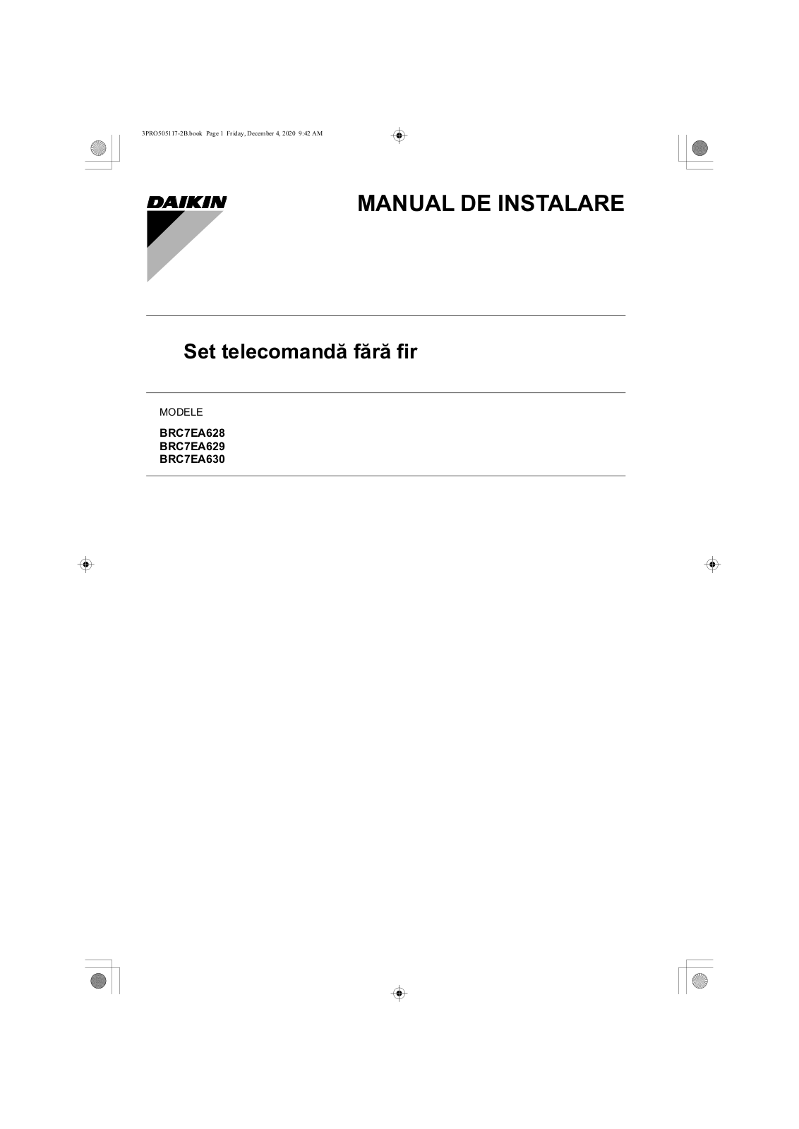 Daikin BRC7EA628, BRC7EA629, BRC7EA630 Installation manuals