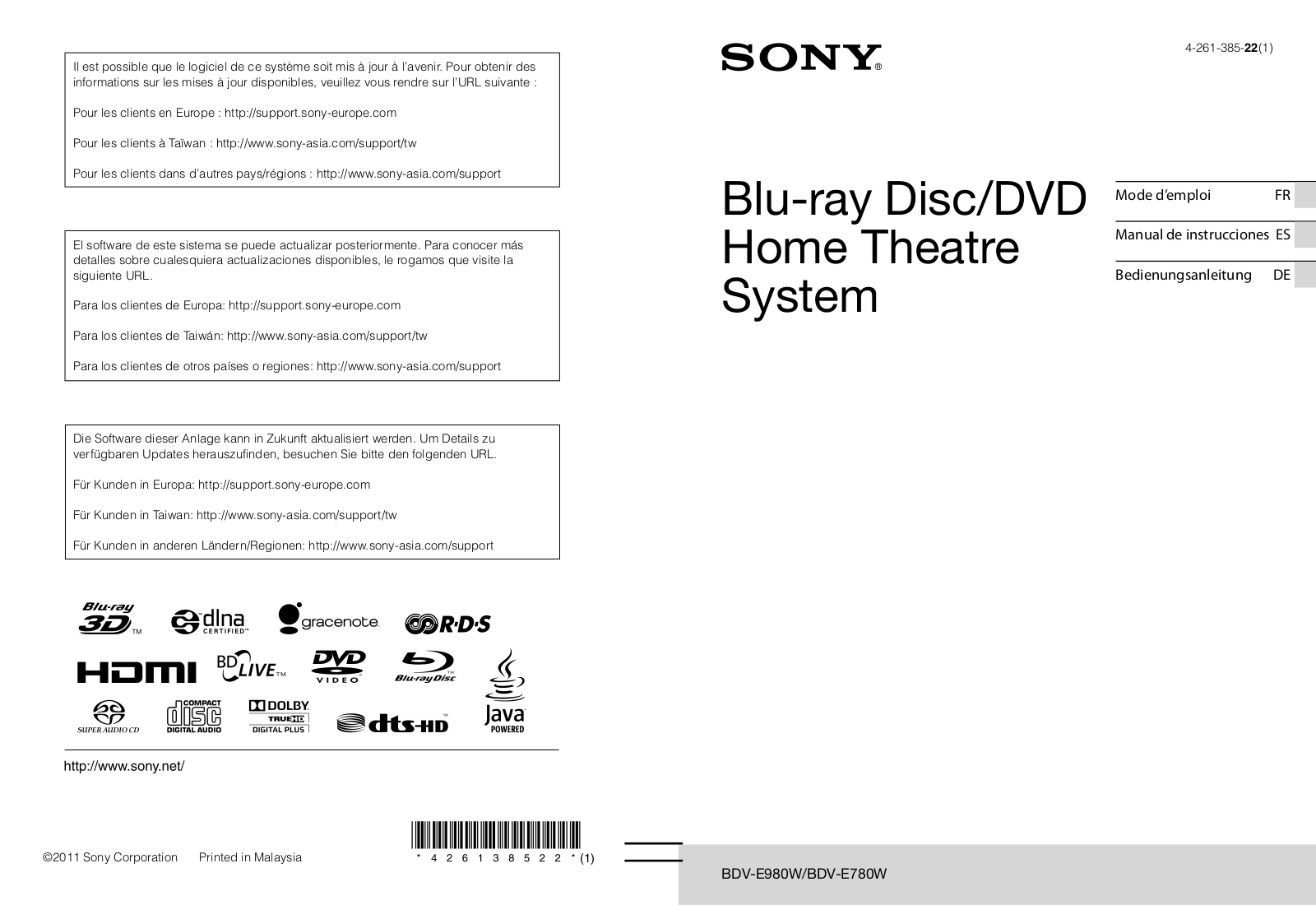 SONY BDV-E780W User Manual