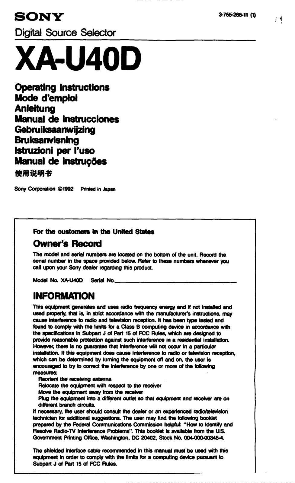 Sony XA-U40D User Manual