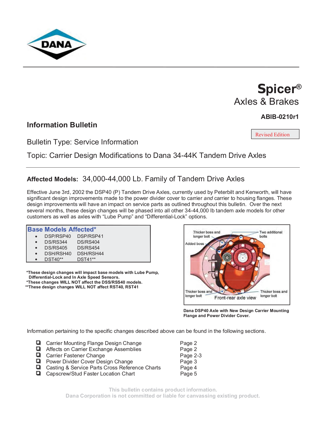 Spicer Carrier Design Modifications to Dana 34-44K User Manual