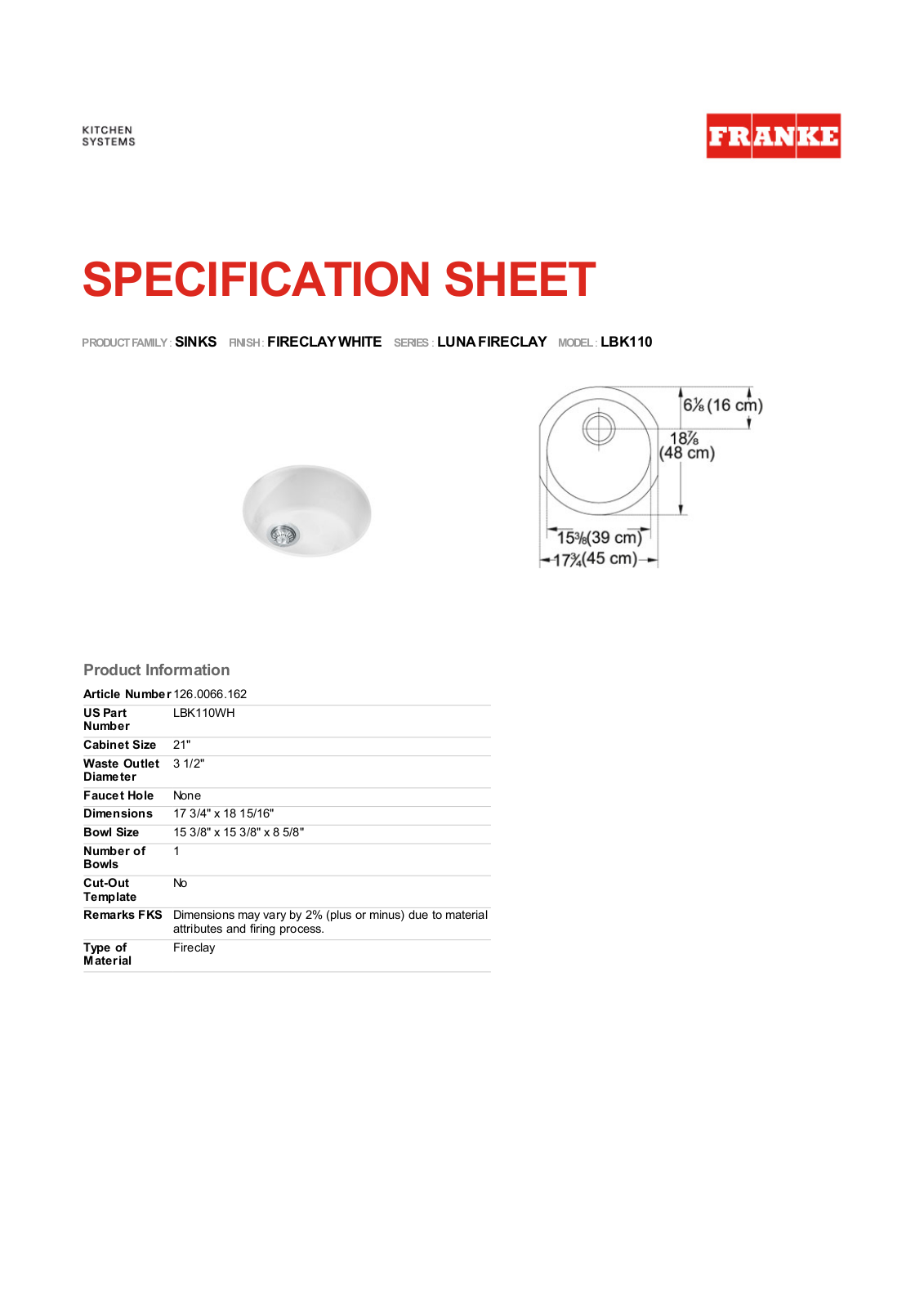 Franke Foodservice LBK110 User Manual